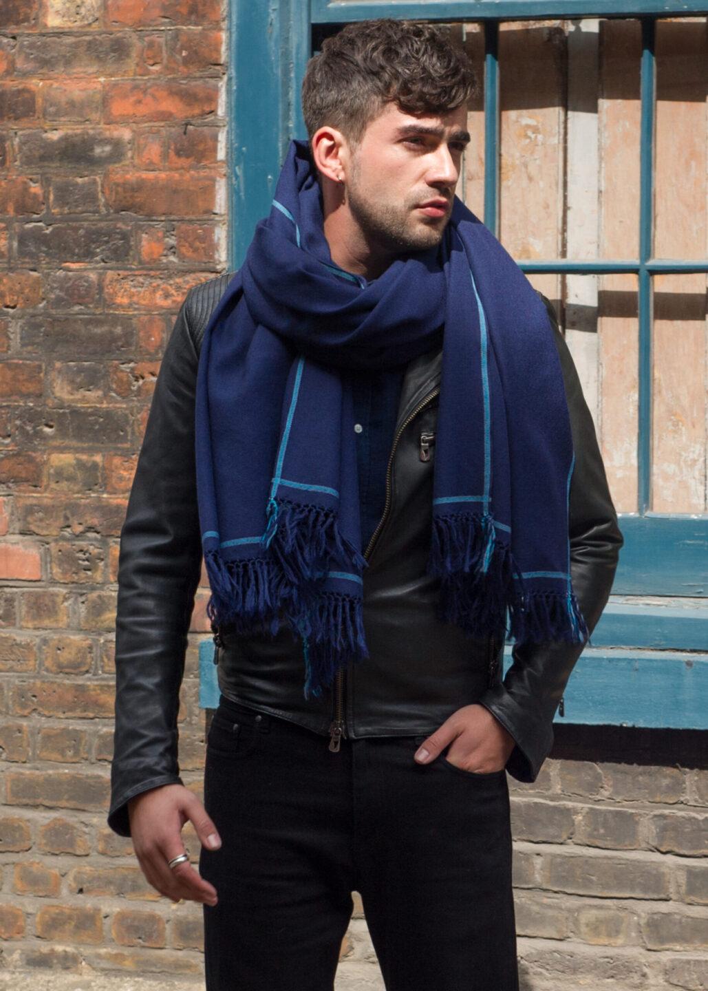Men's Merino Wool Oversized Blue Scarf for Layering & Travel - likemary