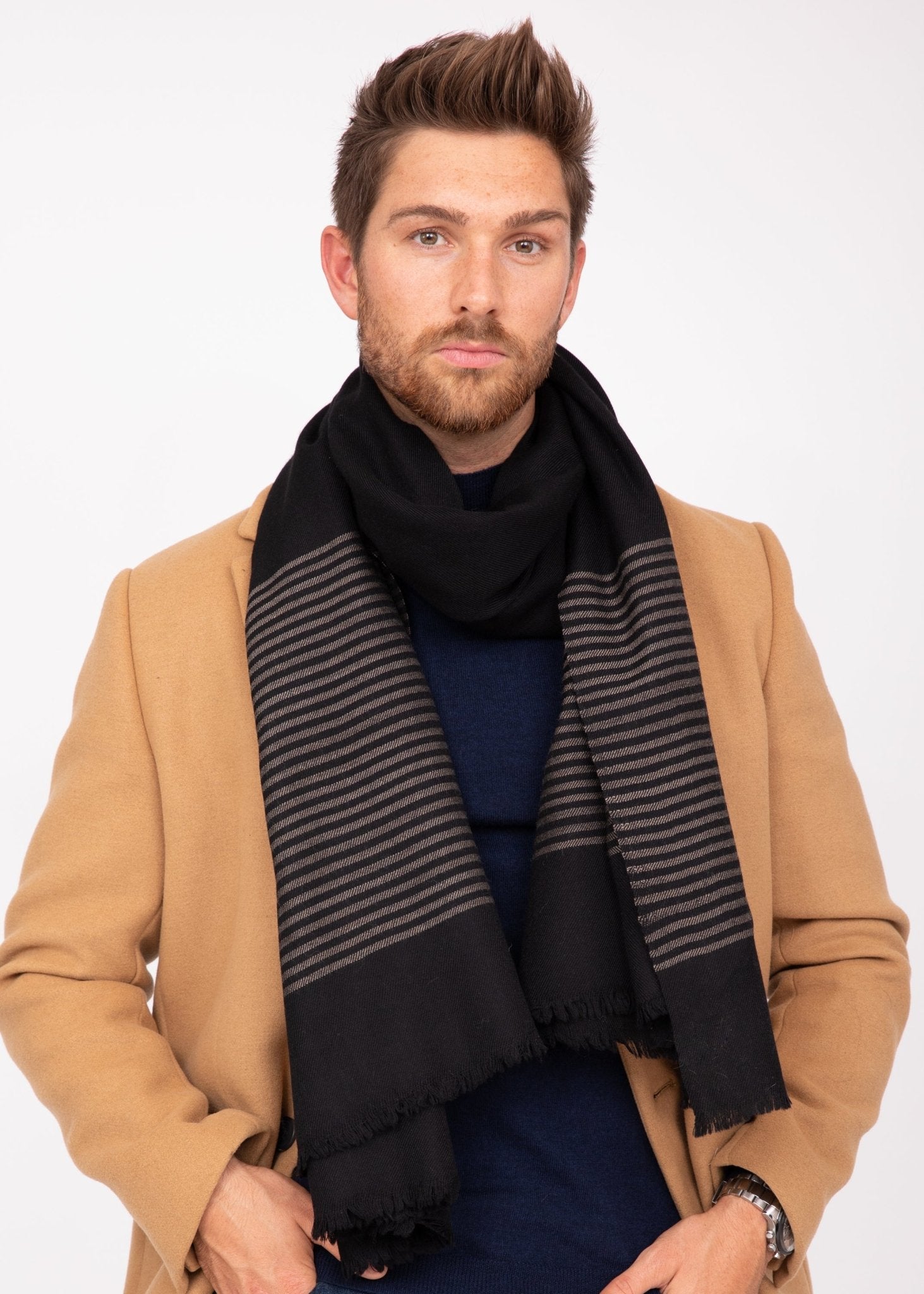 Mens Merino Wool Scarf with Border Stripes Black - likemary