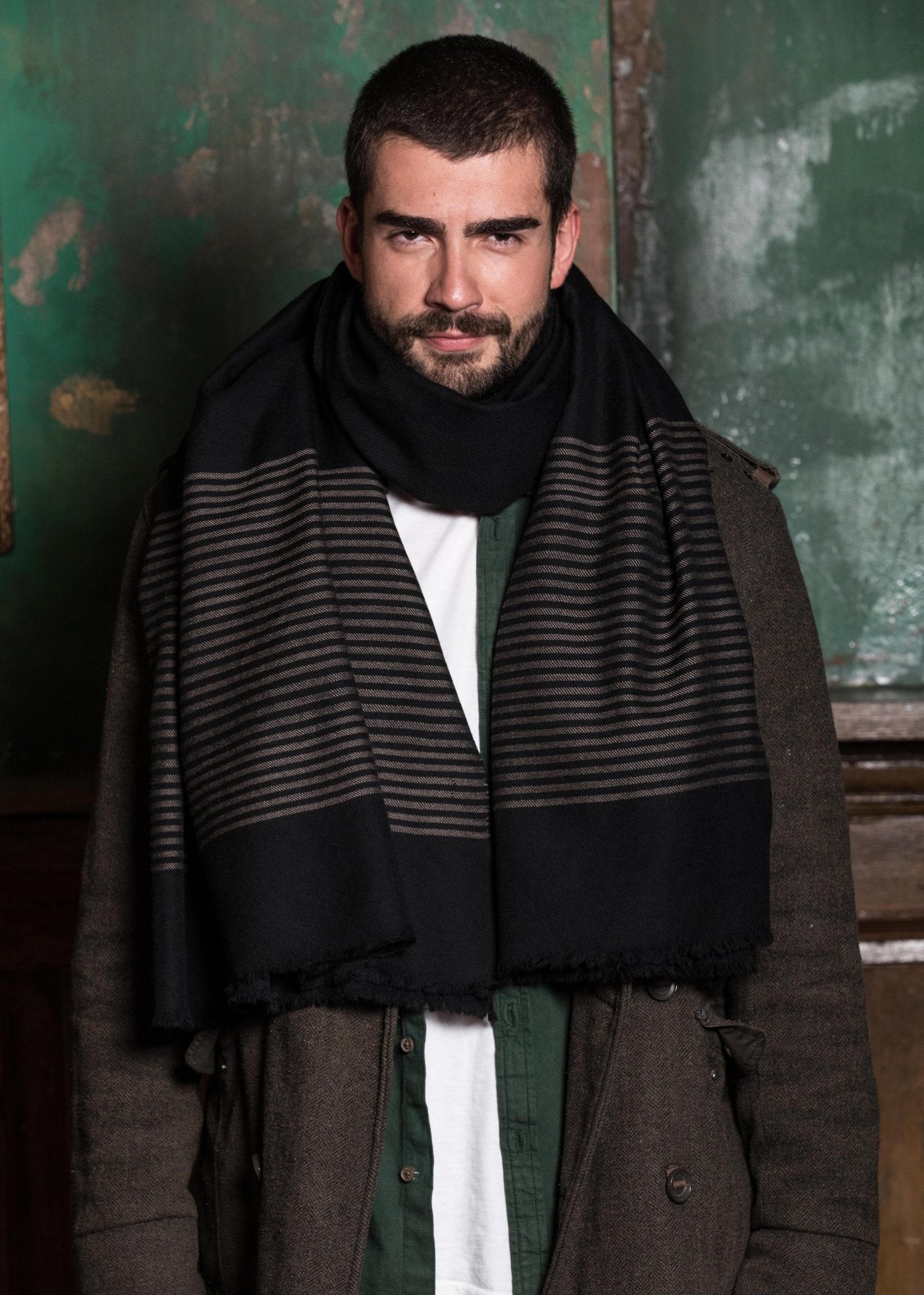 Mens Merino Wool Scarf with Border Stripes Black - likemary
