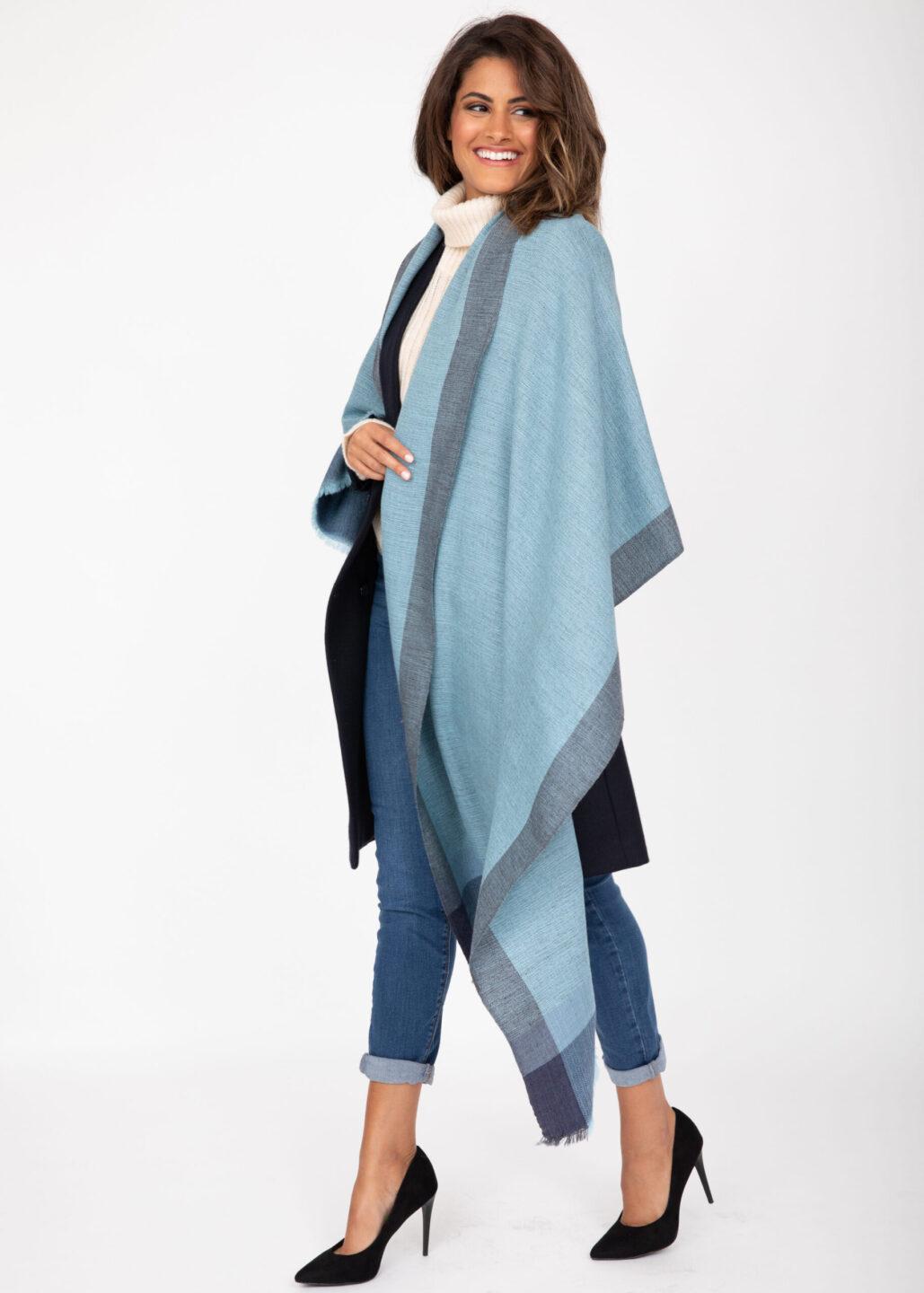 Merino Wool Blanket Scarf - Herringbone Weave in Blues - likemary