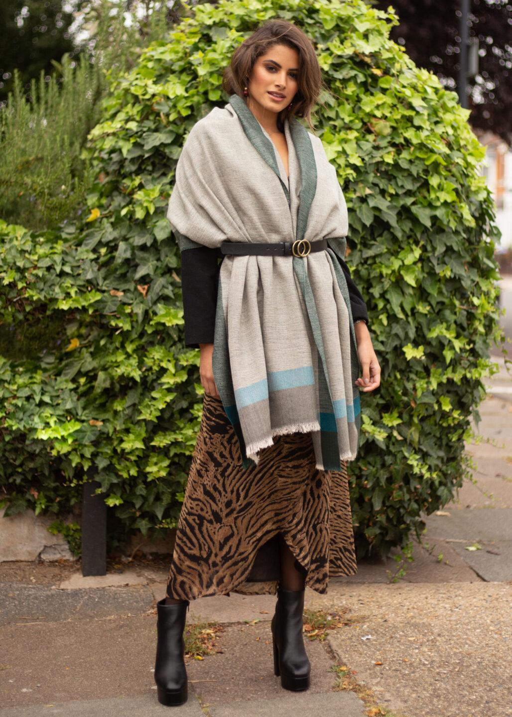 Merino Wool Blanket Scarf - Herringbone Weave in Greens - likemary