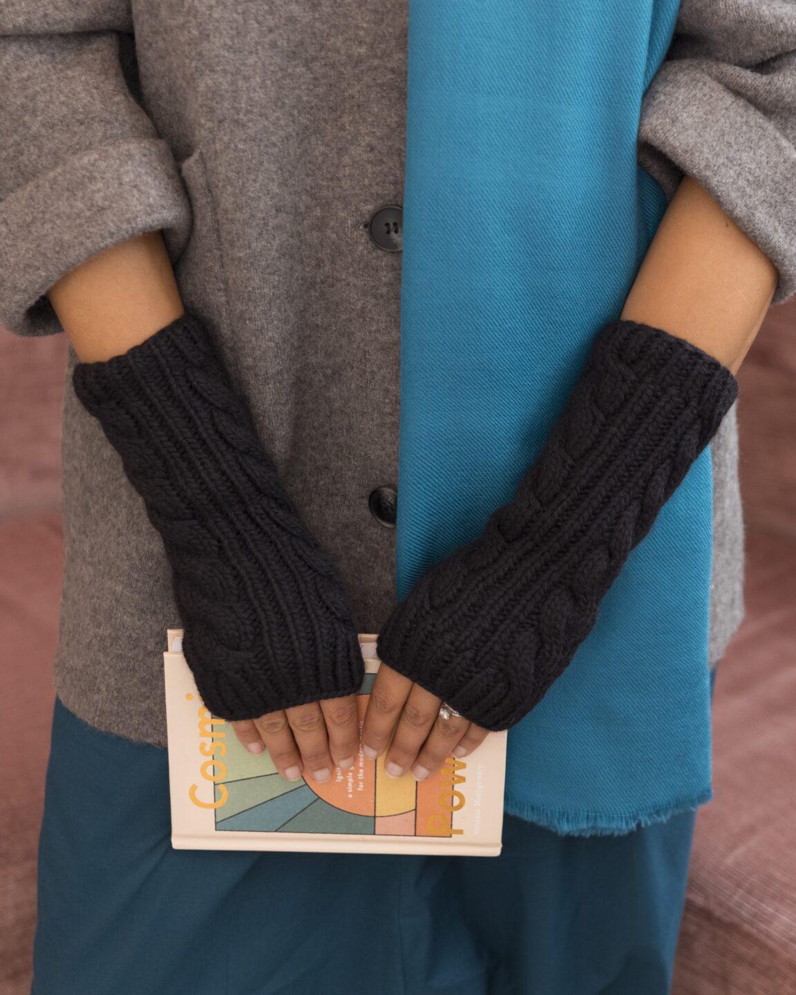 Merino Wool Cable - Knit Fingerless Gloves â€“ Black - likemary