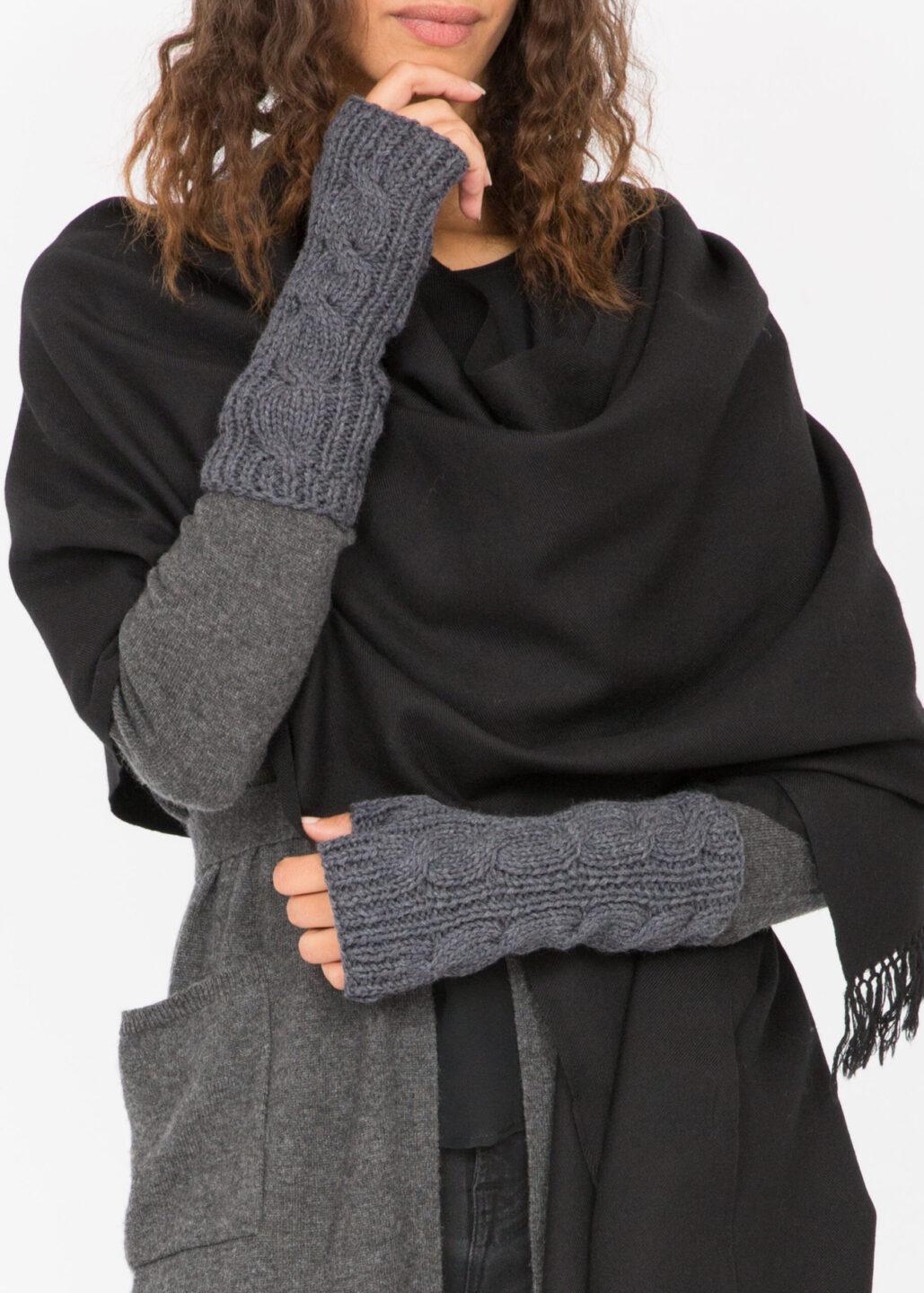 Merino Wool Cable - Knit Fingerless Gloves Charcoal Grey - likemary