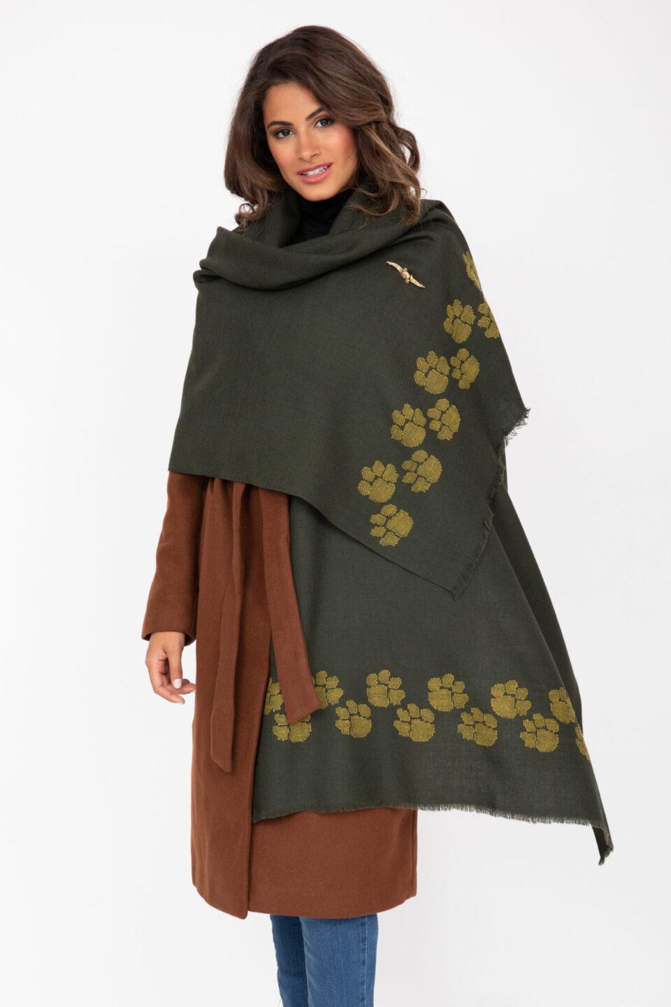Merino Wool Handwoven Oversize Pashmina & Blanket Scarf with Paws Motif Camo Green