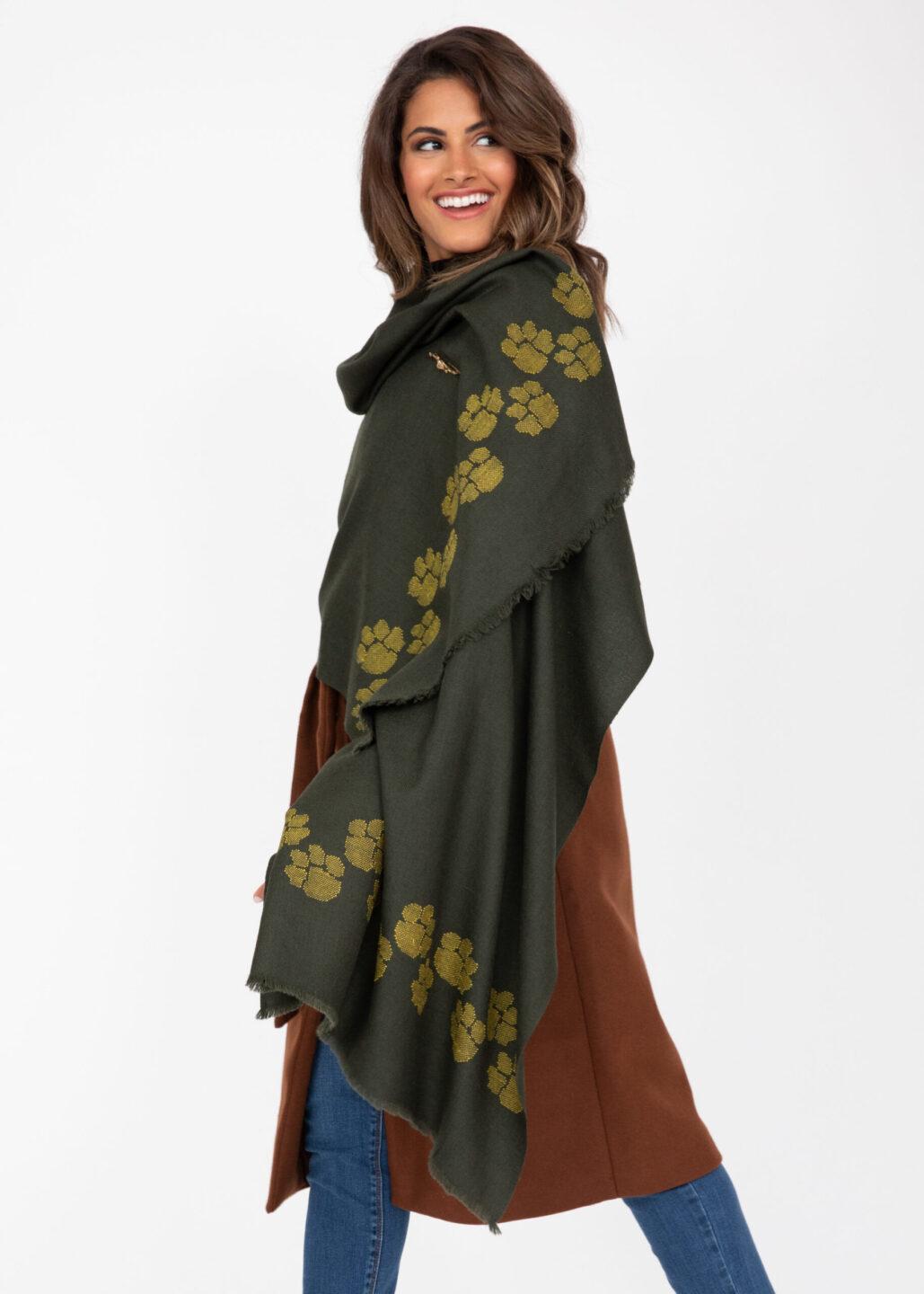 Merino Wool Handwoven Oversize Pashmina & Blanket Scarf with Paws Motif Camo Green