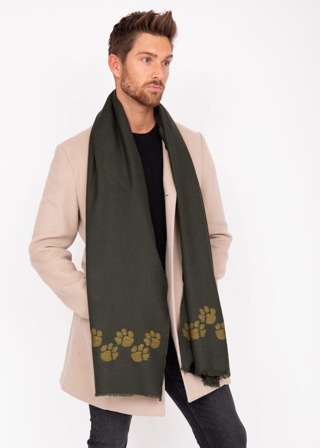 Merino Wool Handwoven Oversize Scarf with Paws Motif 72 X 200cm Camo Green - likemary