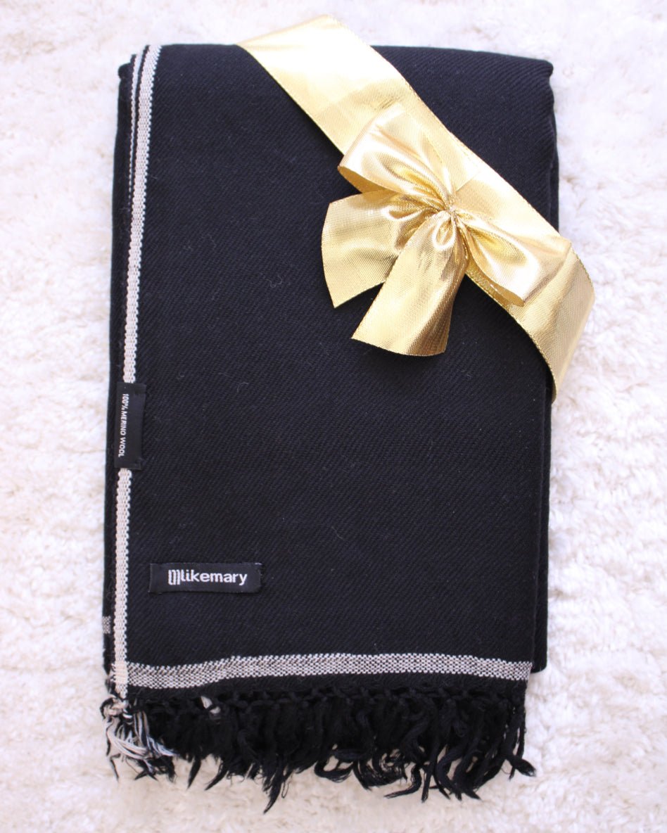 Merino Wool Shawl - Oversized Black Scarf for Layering & Travel - likemary
