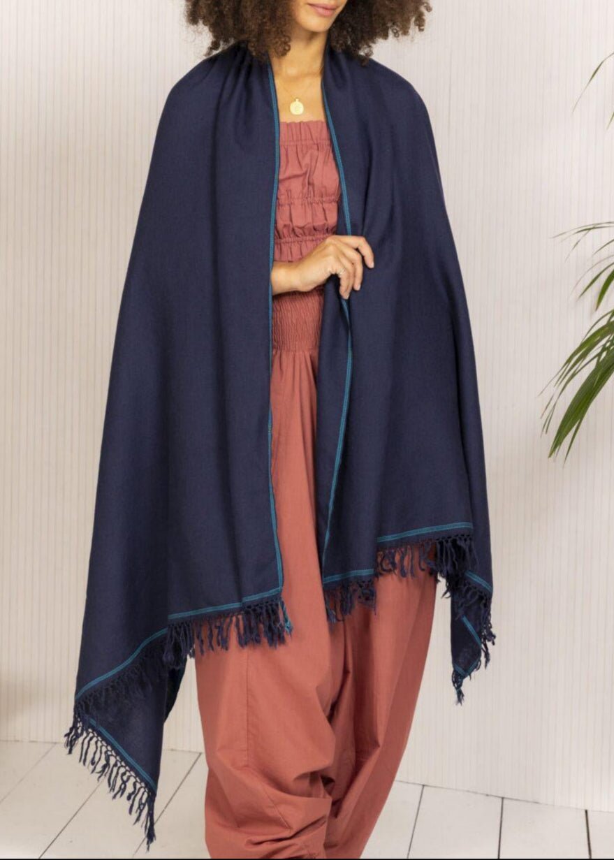 Merino Wool Shawl - Oversized Blue Scarf for Layering & Travel - likemary