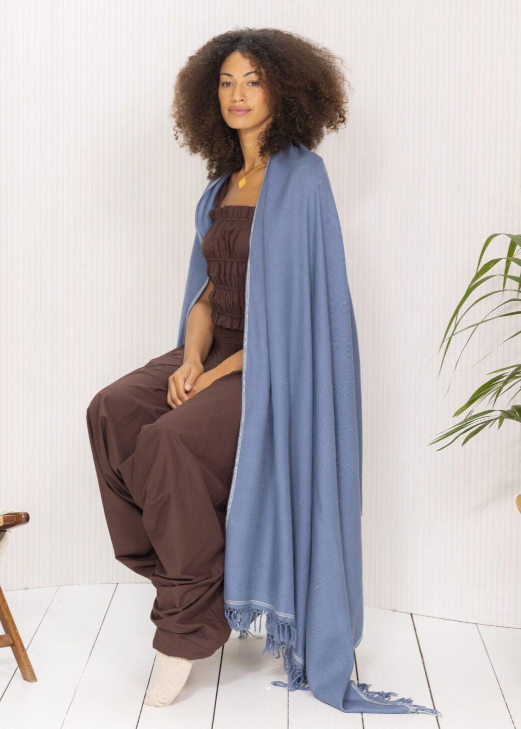 Merino Wool Shawl - Oversized Jeans Blue Scarf for Layering & Travel - likemary