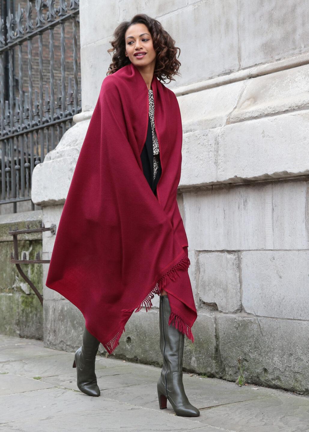 Merino Wool Shawl - Oversized Red Scarf for Layering & Travel - likemary
