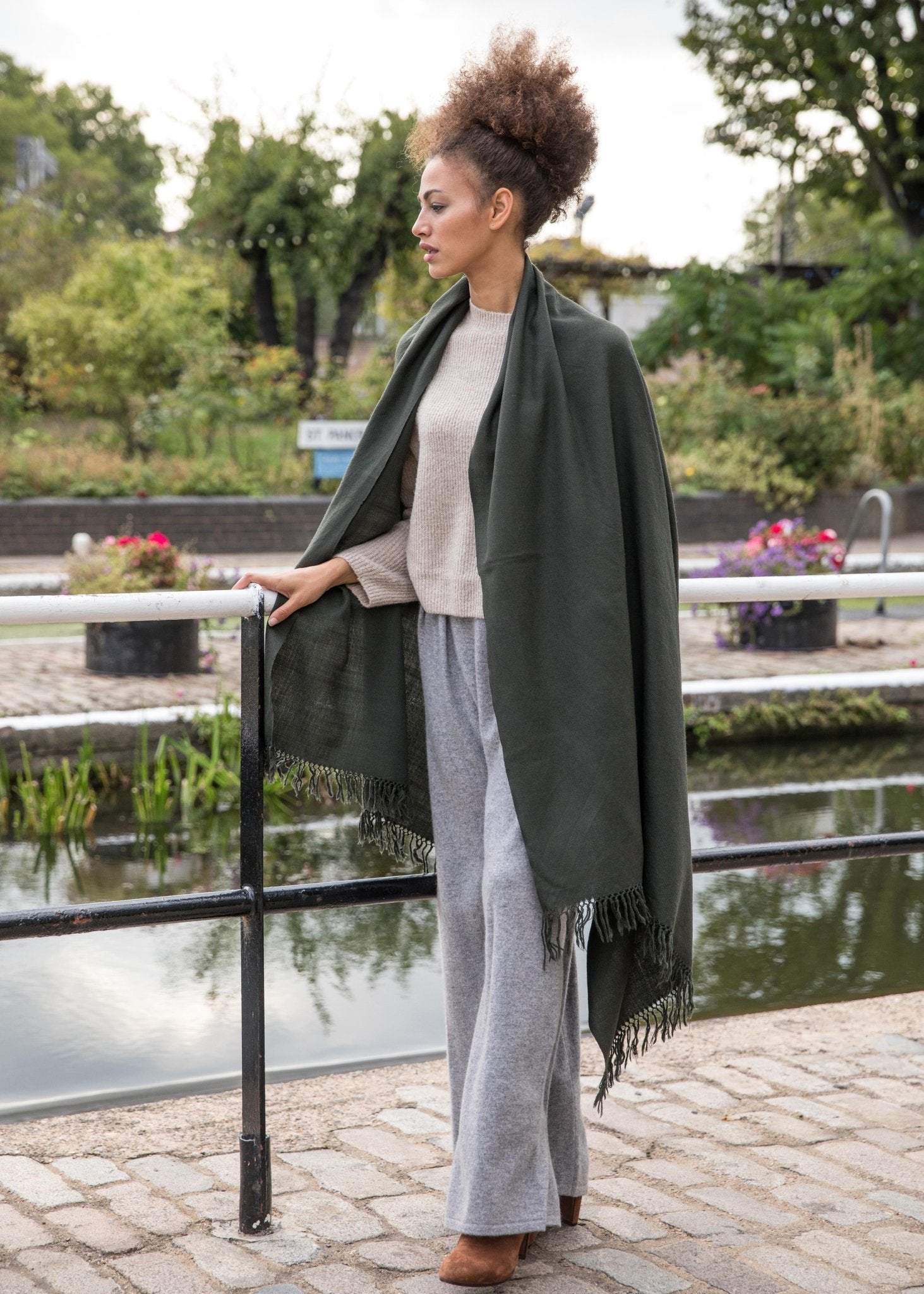 Multi - Use Handmade Blanket Scarf in Khaki Green - likemary