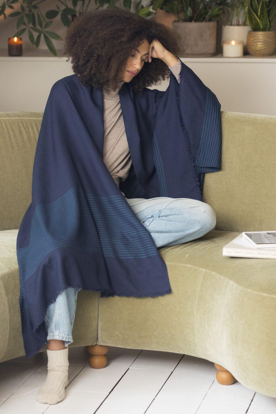 Multi - Use Merino Handmade Blanket Scarf in Blue with Stripes - likemary