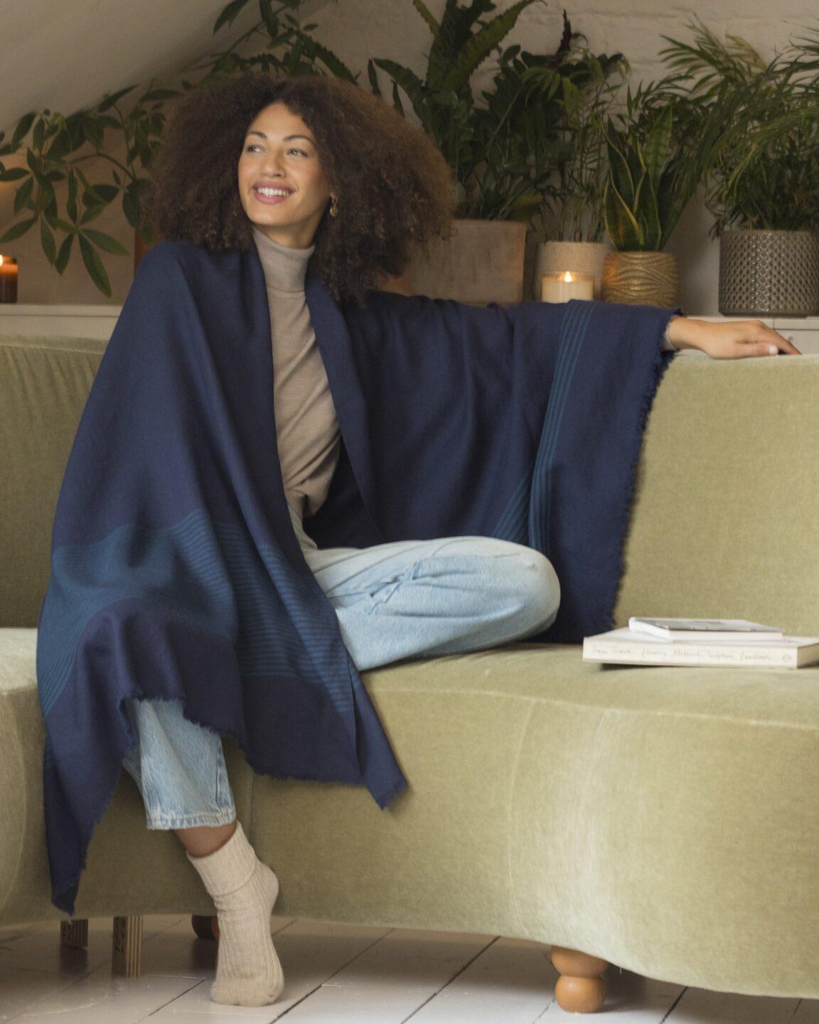 Multi - Use Merino Handmade Blanket Scarf in Blue with Stripes - likemary