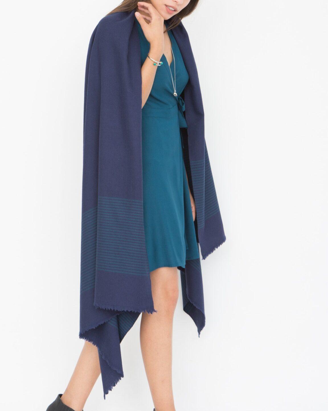 Multi - Use Merino Handmade Blanket Scarf in Blue with Stripes - likemary