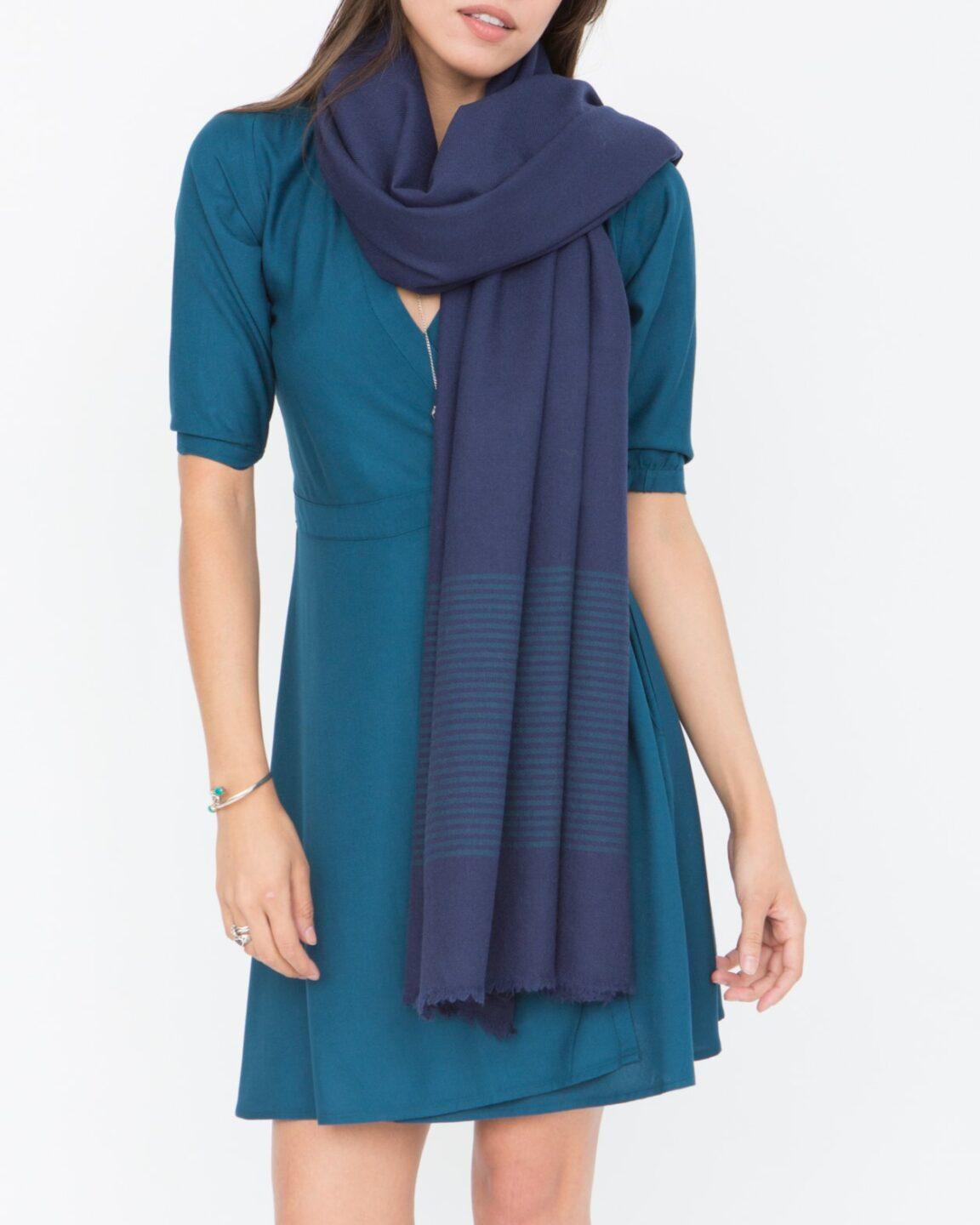 Multi - Use Merino Handmade Blanket Scarf in Blue with Stripes - likemary
