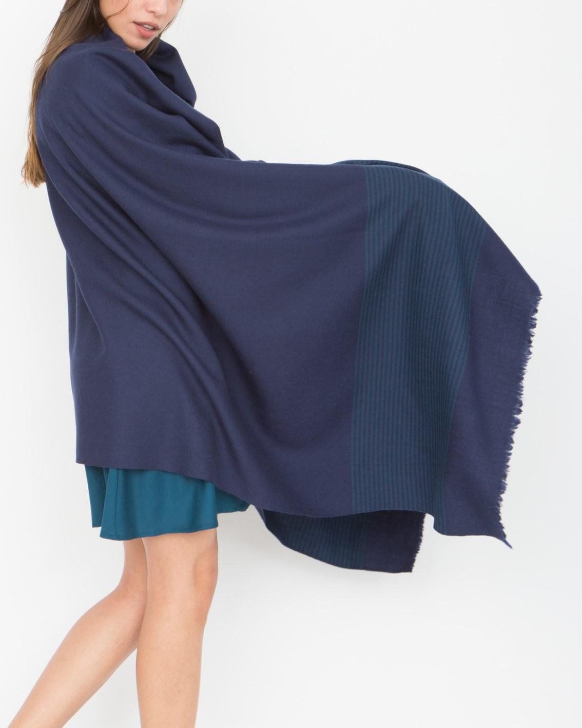 Multi - Use Merino Handmade Blanket Scarf in Blue with Stripes - likemary