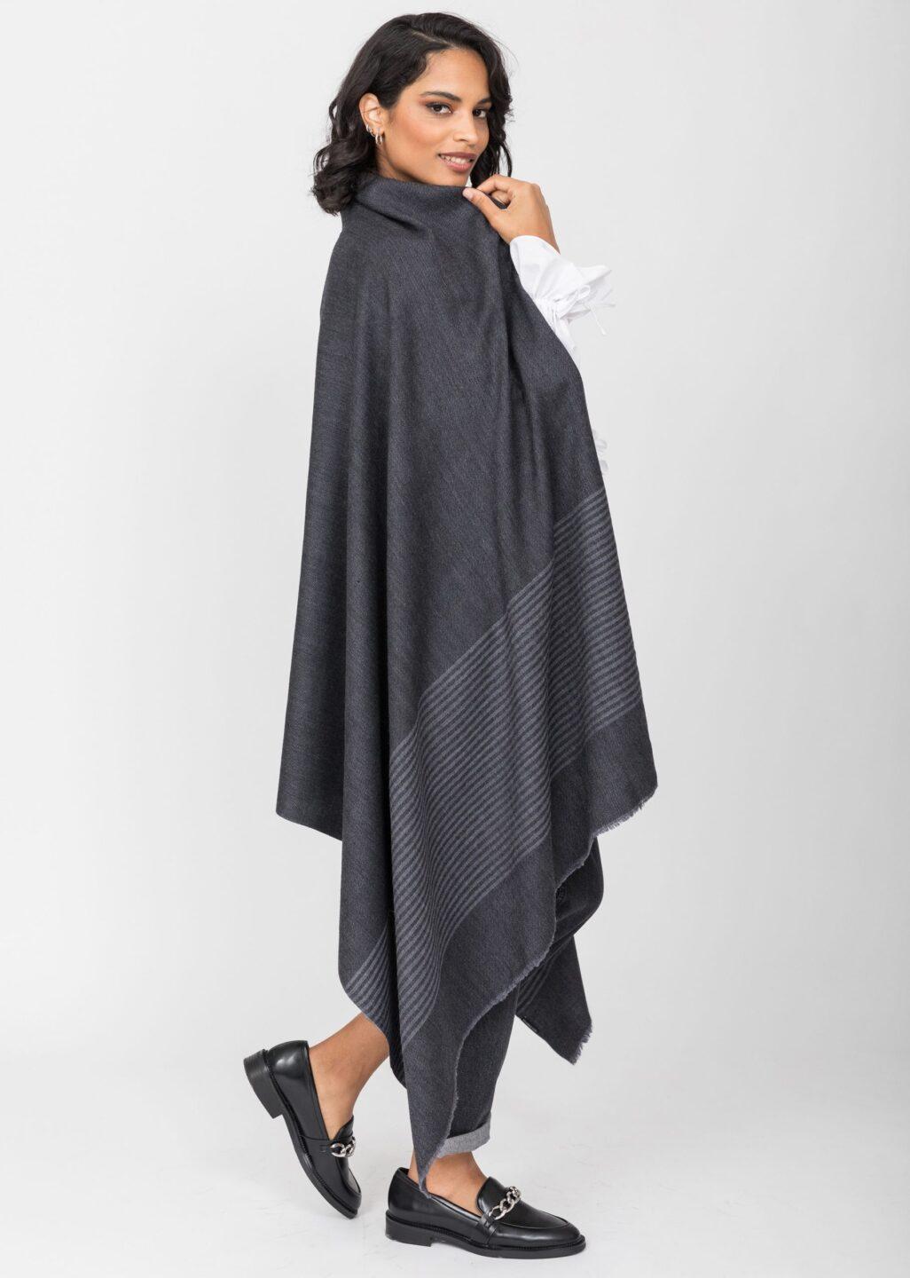 Multi - Use Merino Handmade Blanket Scarf in Grey with Stripes - likemary