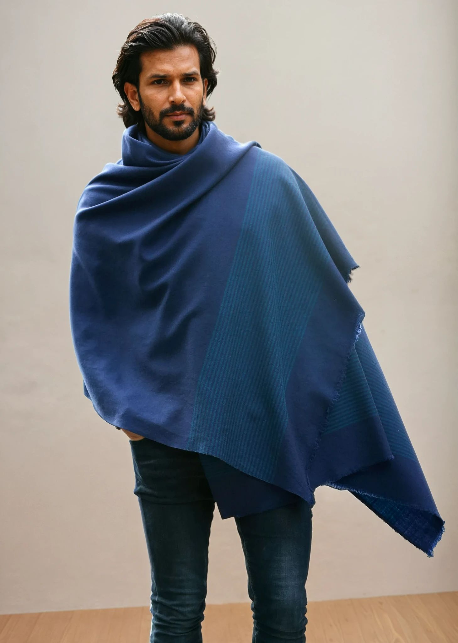 Multi - Use Merino Men's Handmade Blanket Scarf in Blue with Stripes - likemary