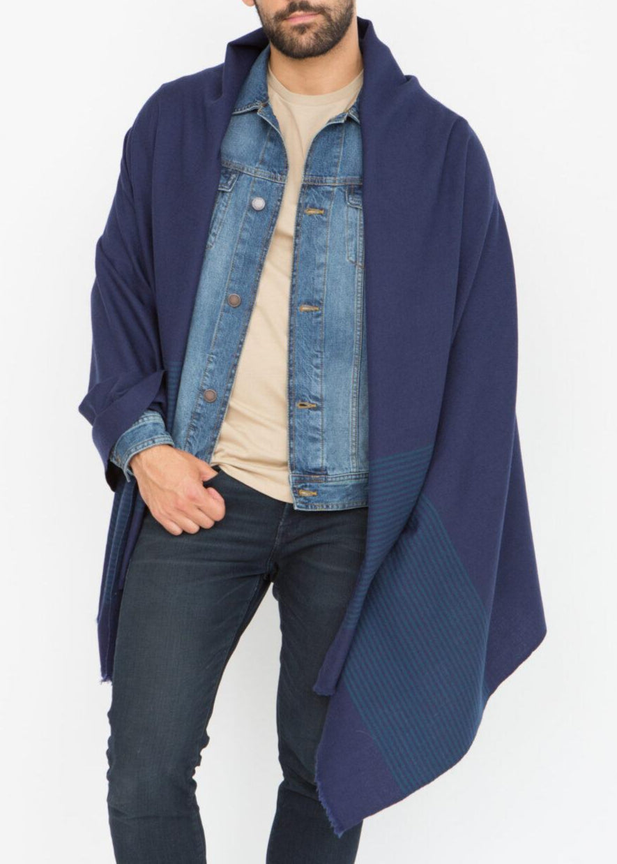 Multi - Use Merino Men's Handmade Blanket Scarf in Blue with Stripes - likemary