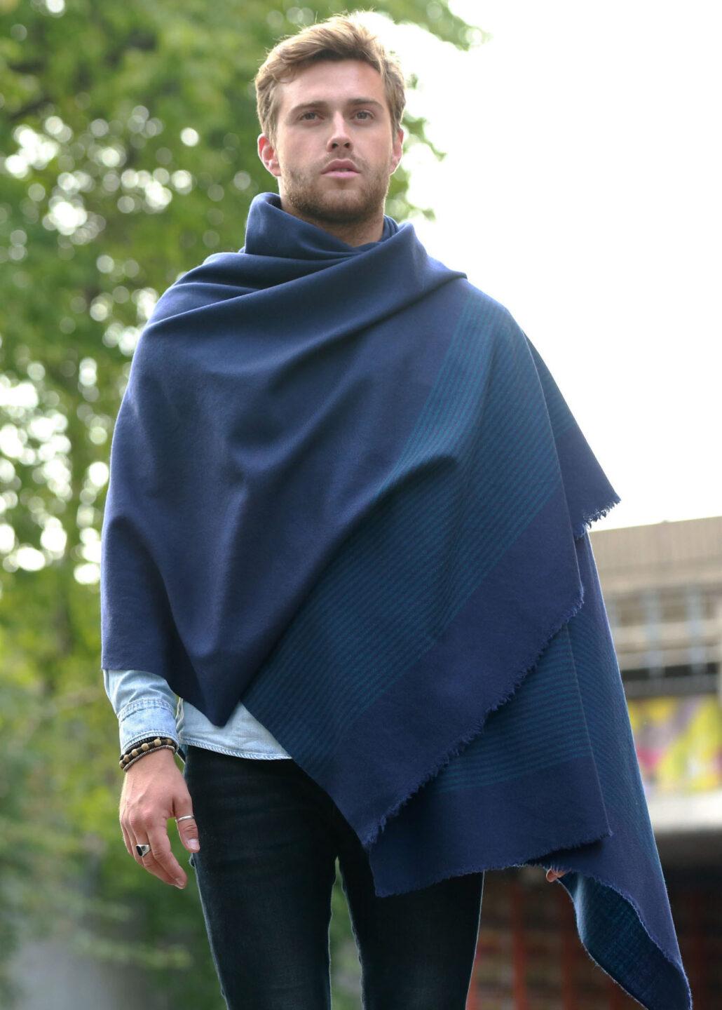 Multi - Use Merino Men's Handmade Blanket Scarf in Blue with Stripes - likemary