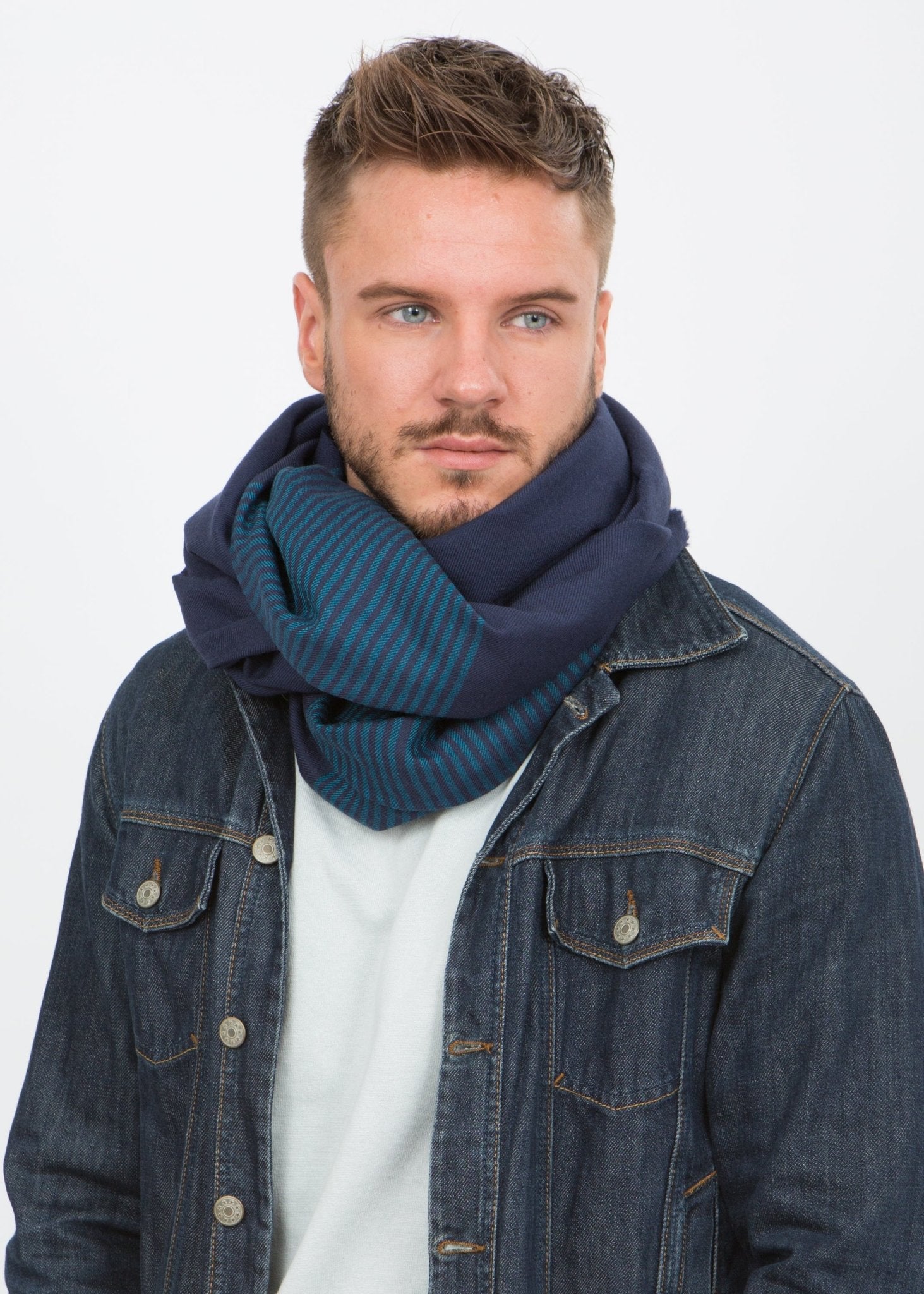 Multi - Use Merino Men's Handmade Blanket Scarf in Blue with Stripes - likemary