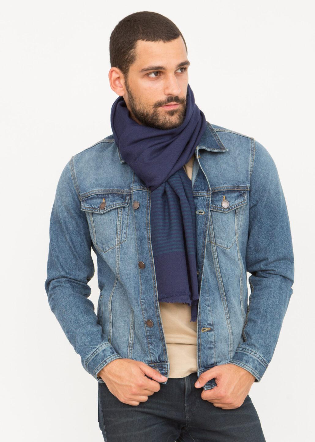 Multi - Use Merino Men's Handmade Blanket Scarf in Blue with Stripes - likemary