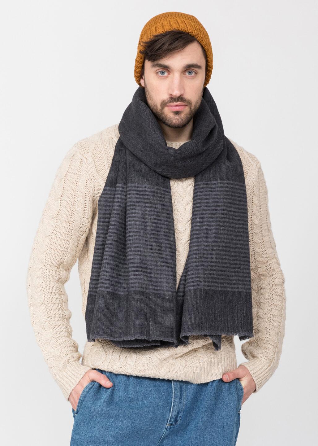 Multi - Use Merino Men's Handmade Blanket Scarf in Grey with Stripes - likemary