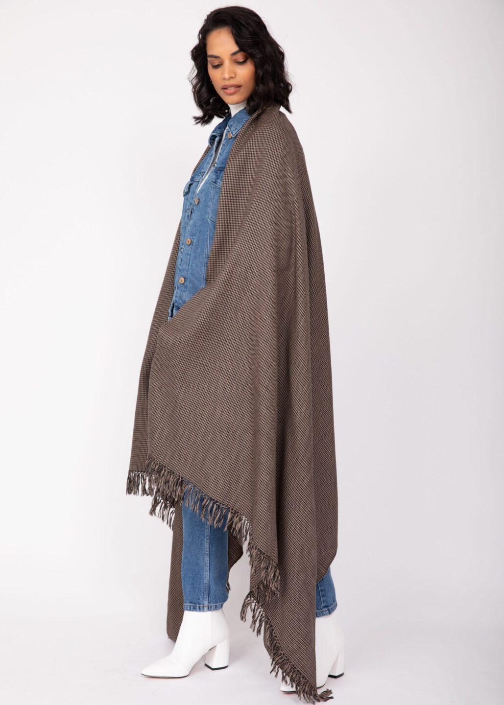 Multi - Use Oversize Handmade Blanket Scarf & Cosy Wrap in Mocha Houndstooth Weave - likemary