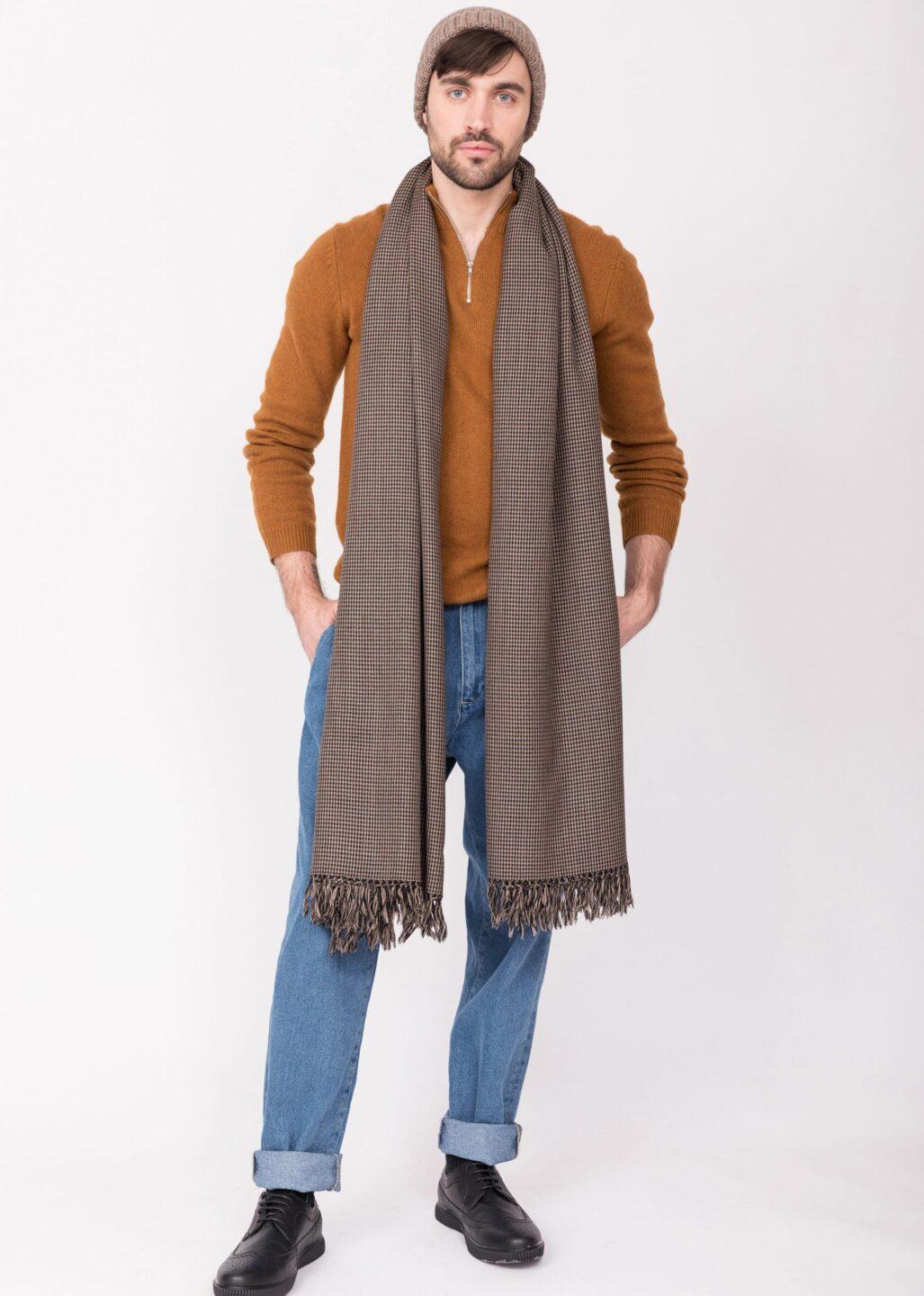 Houndstooth Handwoven 100% Merino Wool Throw and Oversize Blanket Scarf Mocha Brown