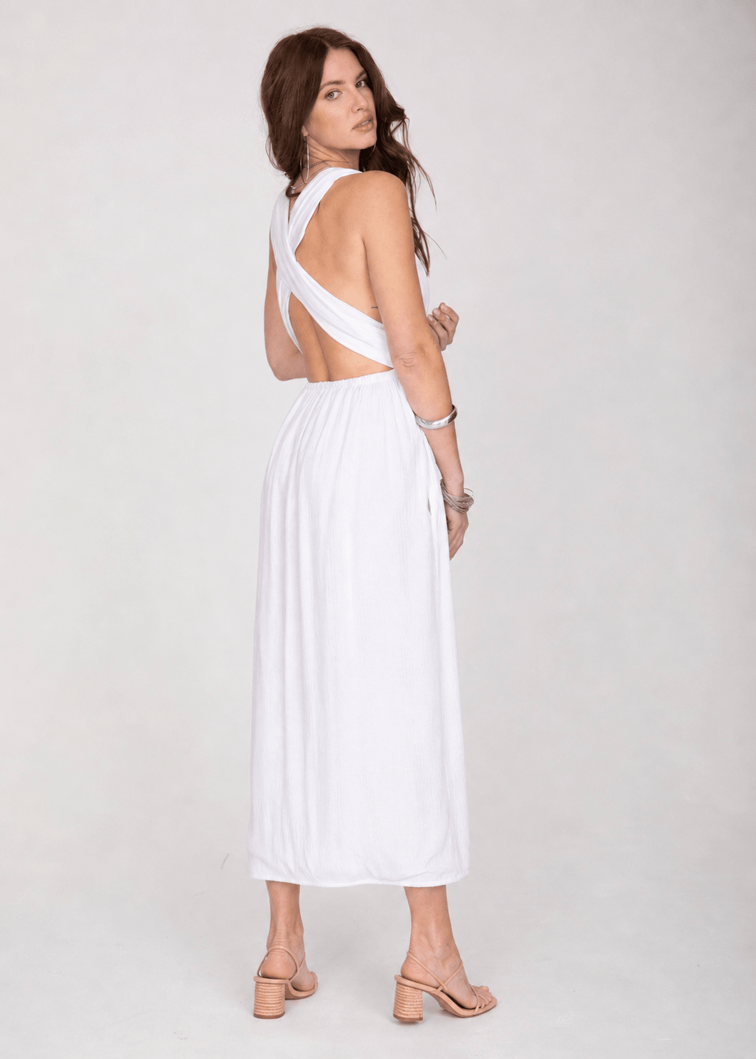 Convertible Maxi Dress with Side Slits & Lurex Stripes in White – clothing and accessories by likemary