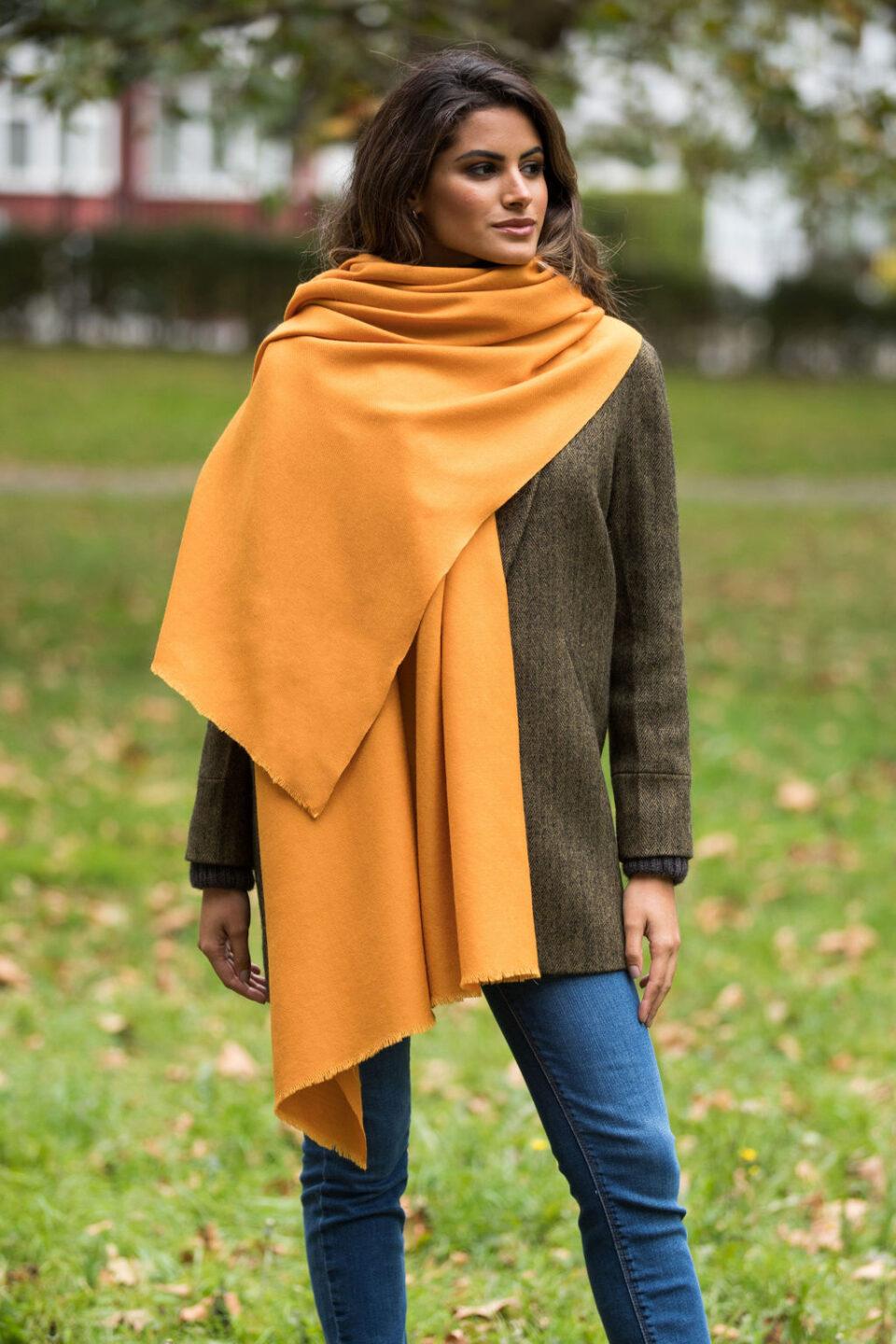Mustard Yellow Merino Wool Shawl – Oversized Blanket Scarf for Women - likemary