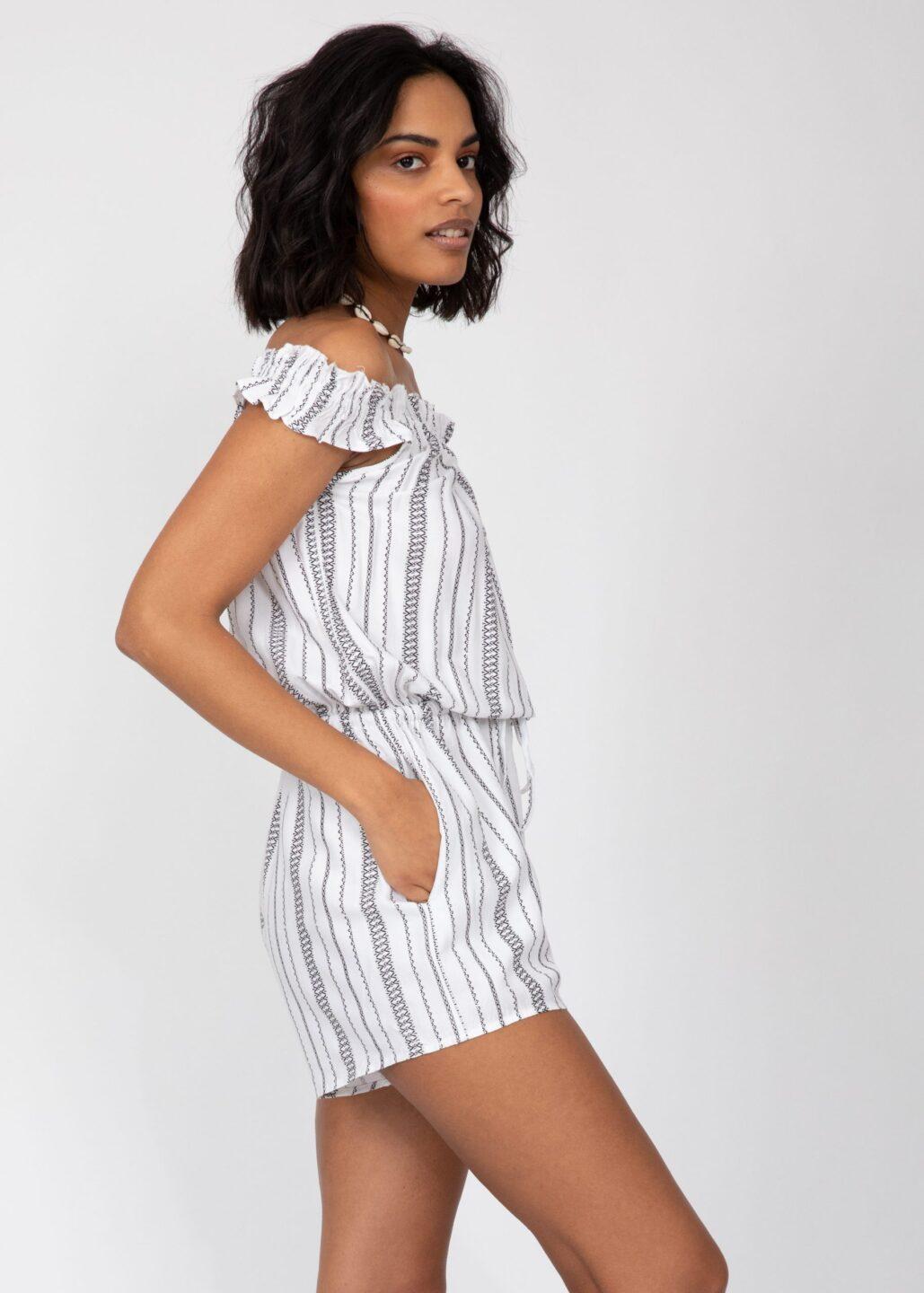 Off Shoulder Bardot Playsuit in White Stripes - likemary