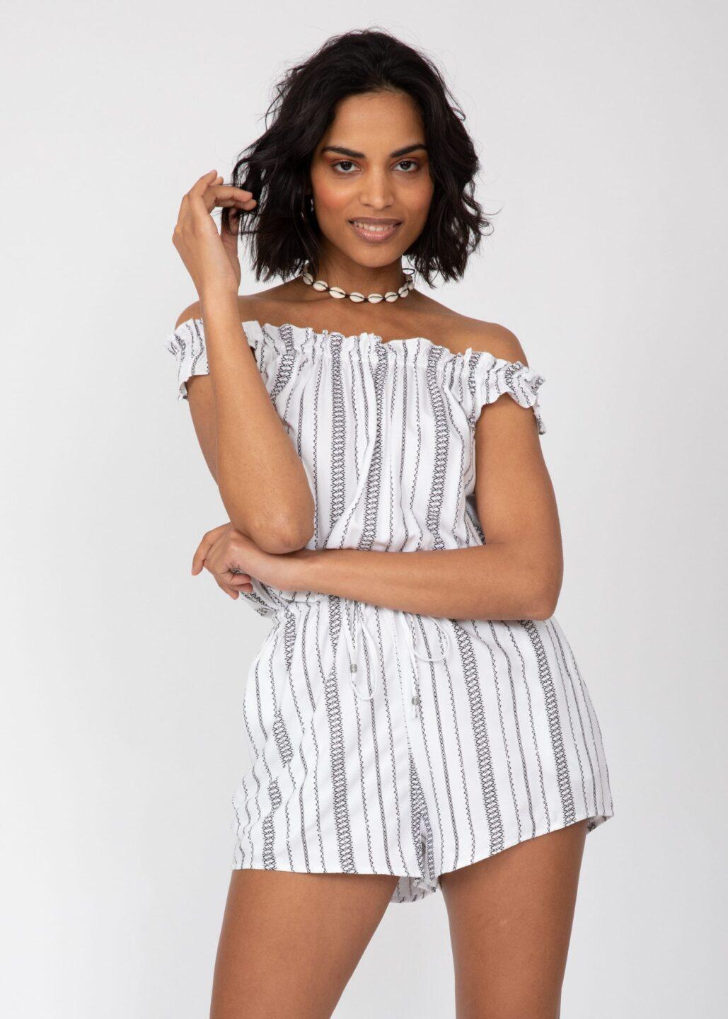 Off Shoulder Bardot Playsuit in White Stripes - likemary