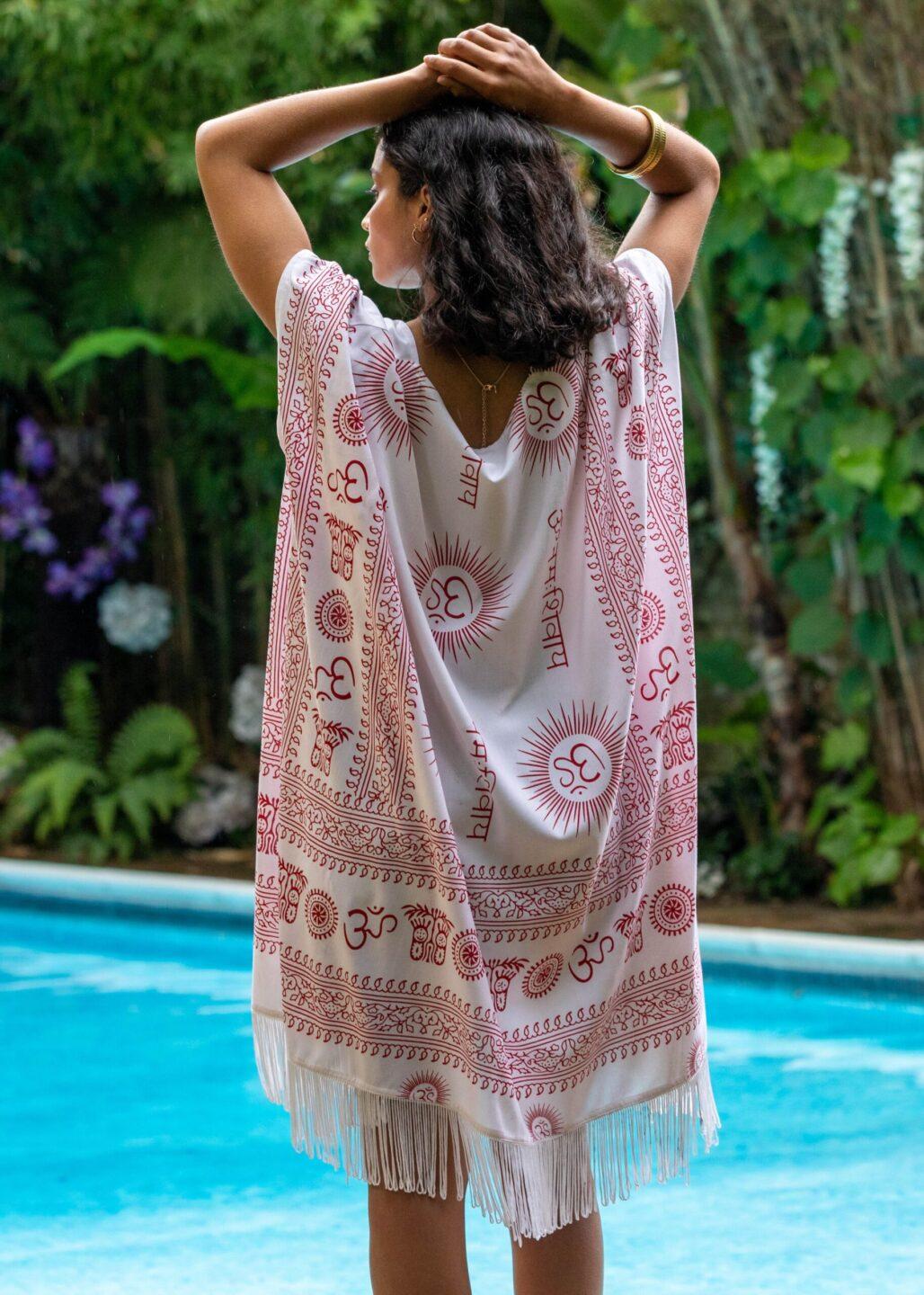 Om Print Kimono Beach Cover - Up – White with Tassel Trim - likemary