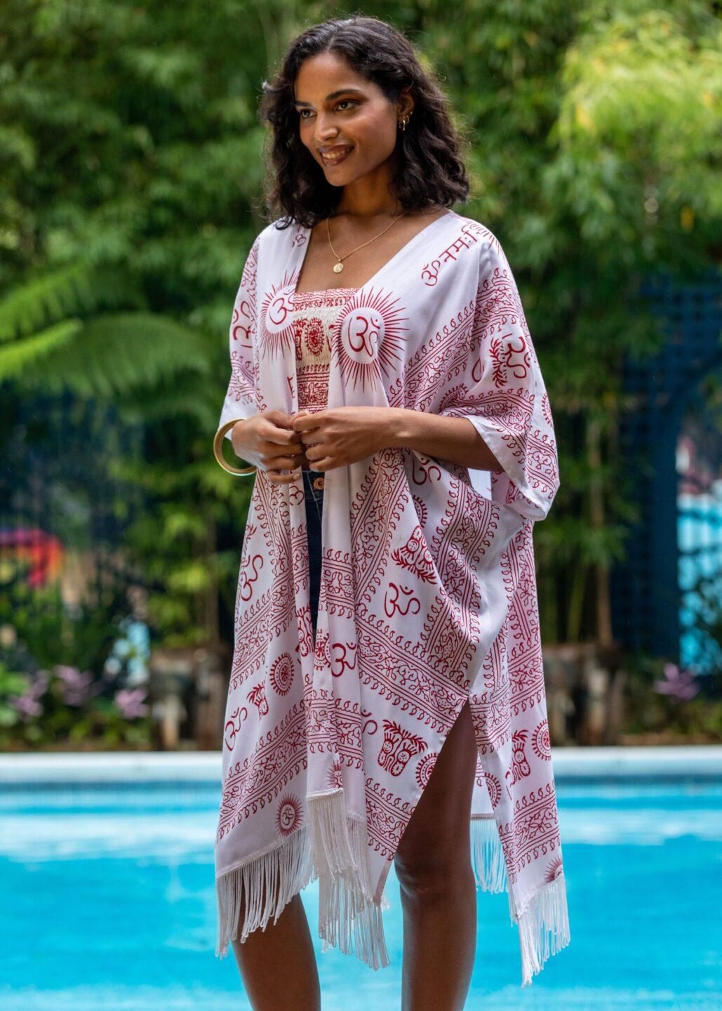 Om Print Kimono Beach Cover - Up – White with Tassel Trim - likemary