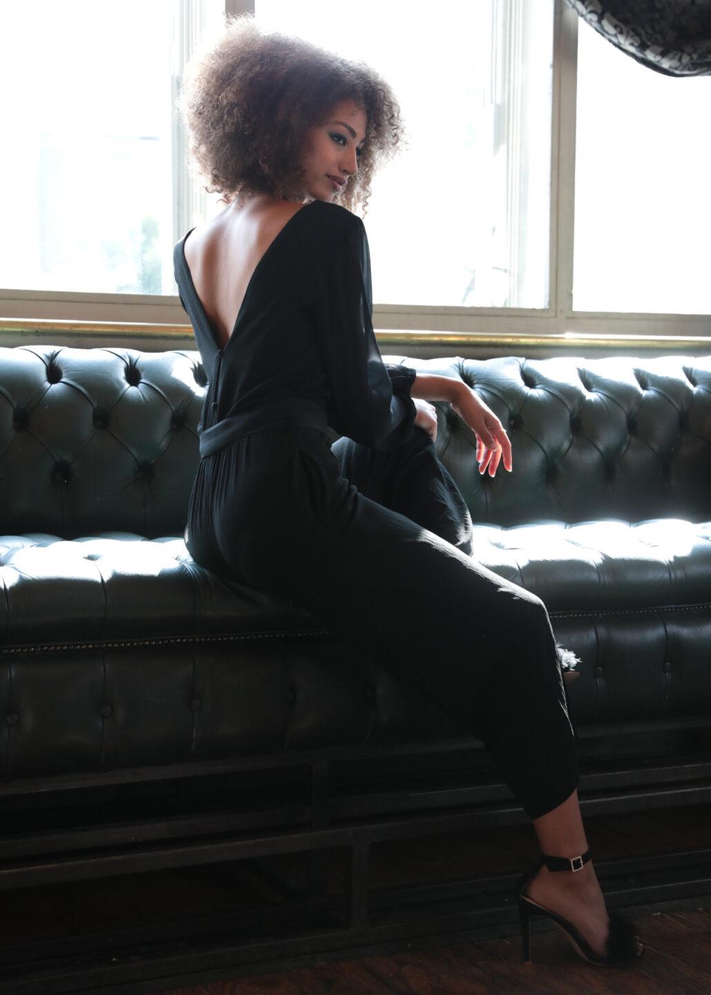 Open Back Sheer Sleeves Culotte Jumpsuit Black - likemary