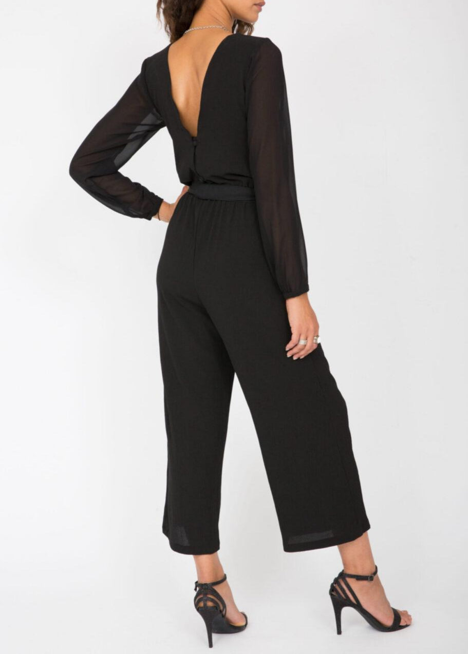 Open Back Sheer Sleeves Culotte Jumpsuit Black - likemary