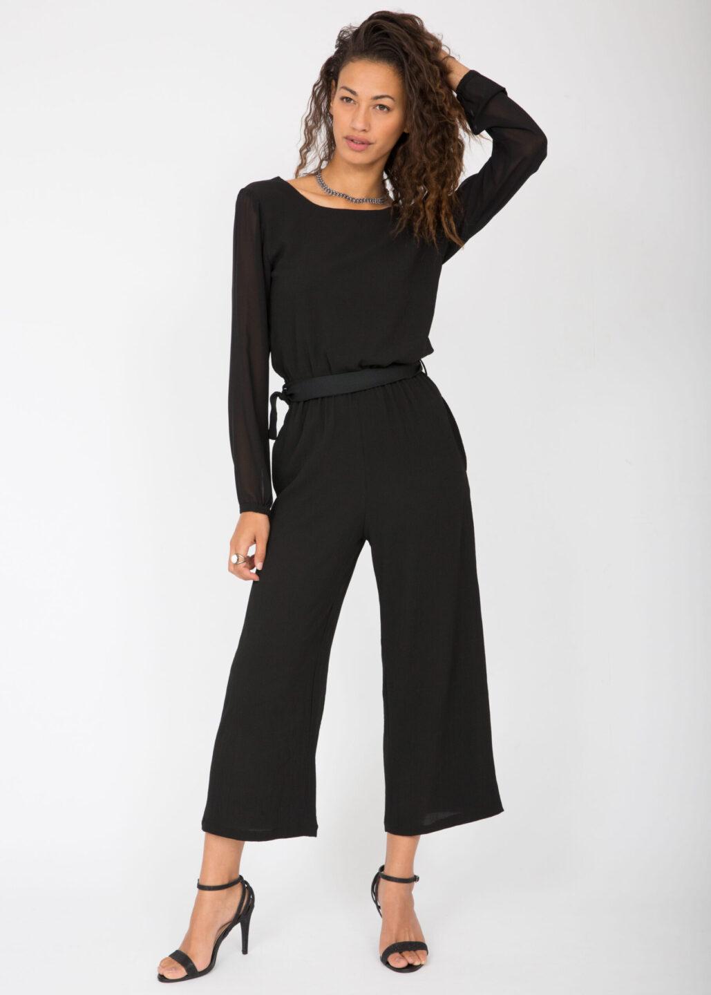 Open Back Sheer Sleeves Culotte Jumpsuit Black - likemary