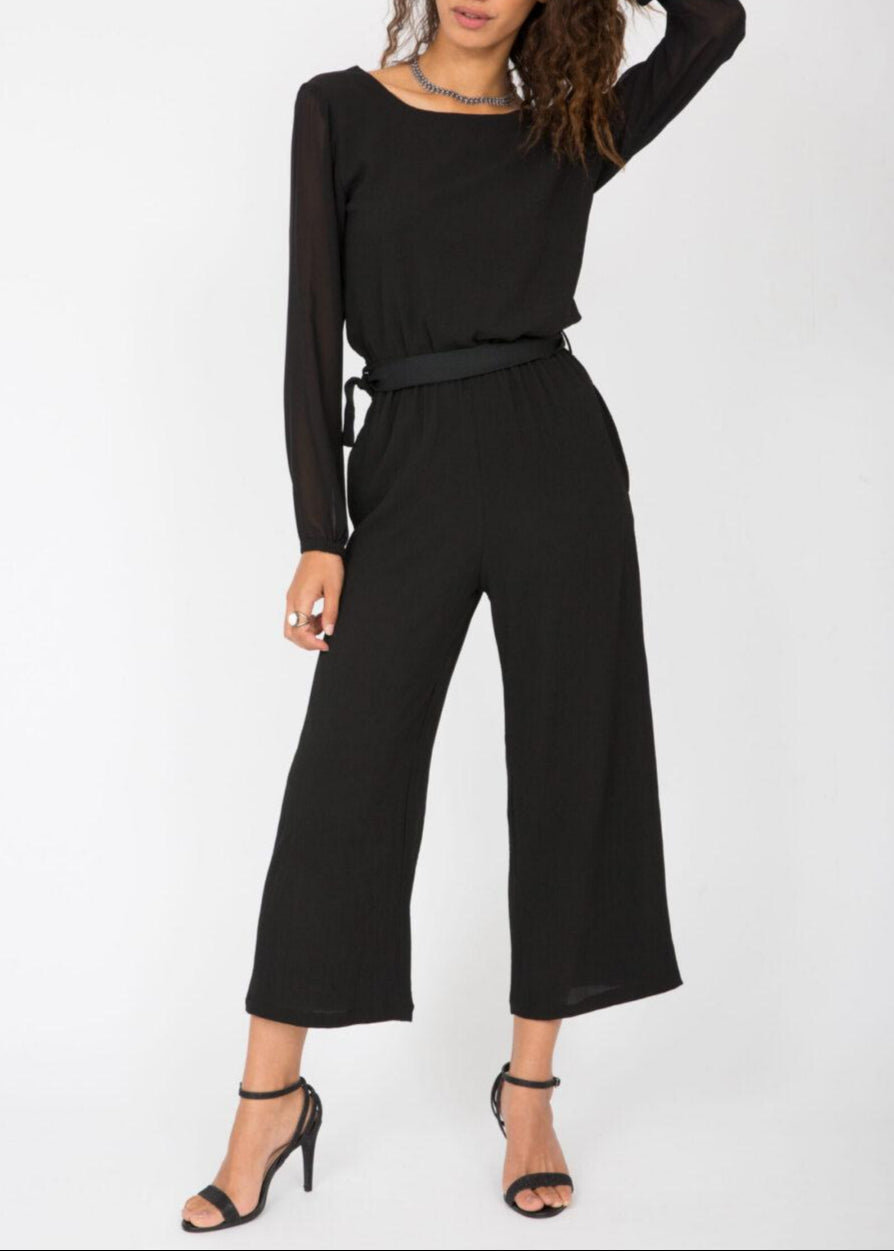 Open Back Sheer Sleeves Culotte Jumpsuit Black - likemary