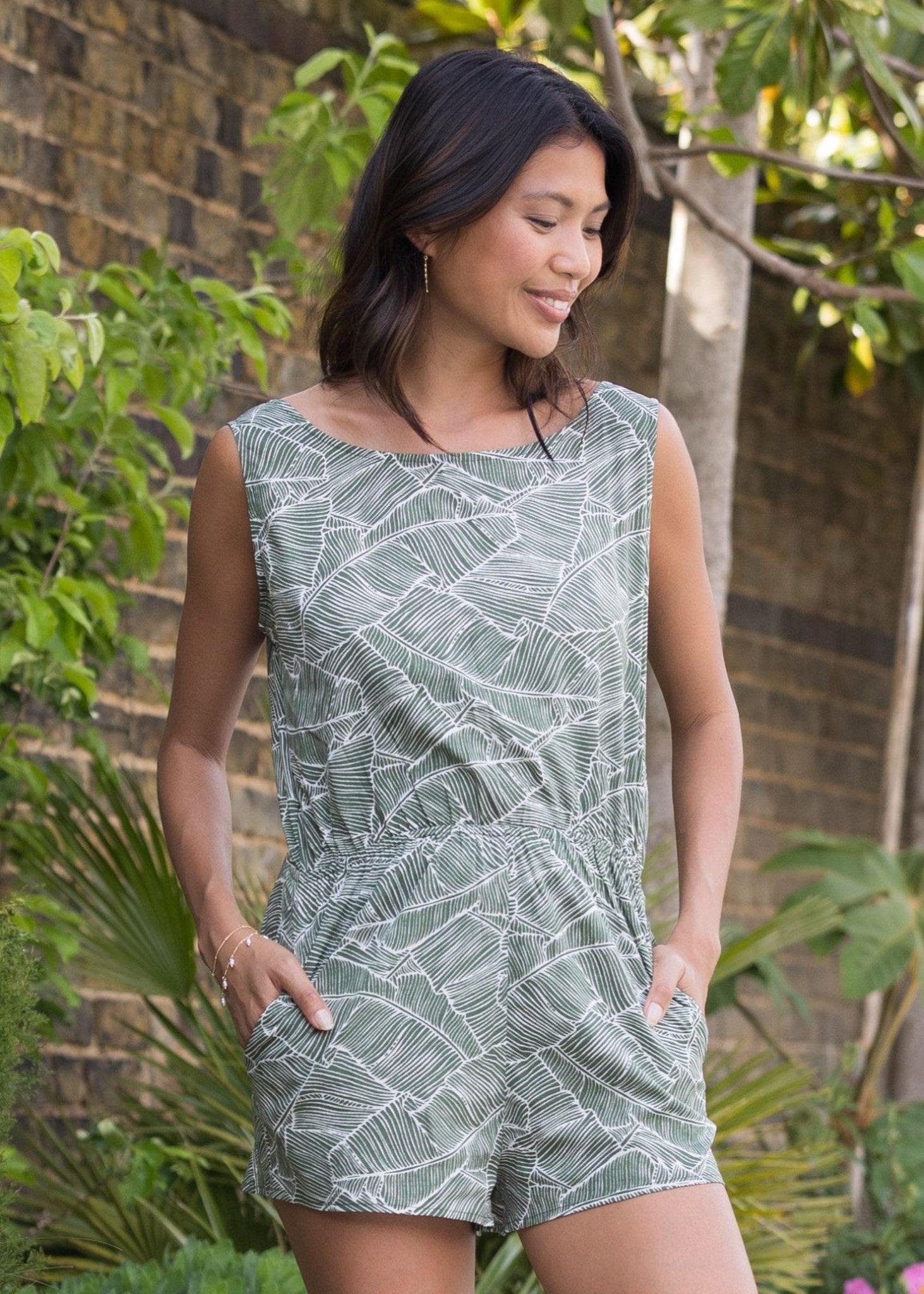 Open Back Summer Playsuit in White Leaves Print Green - likemary