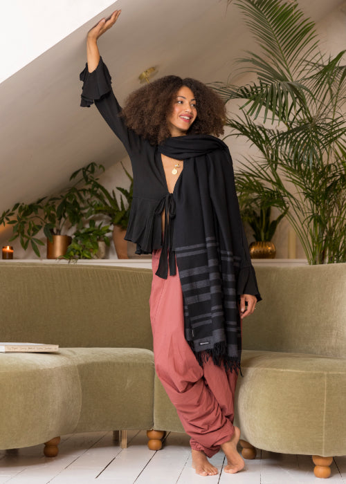 harem pants styled casually at home with relaxed top