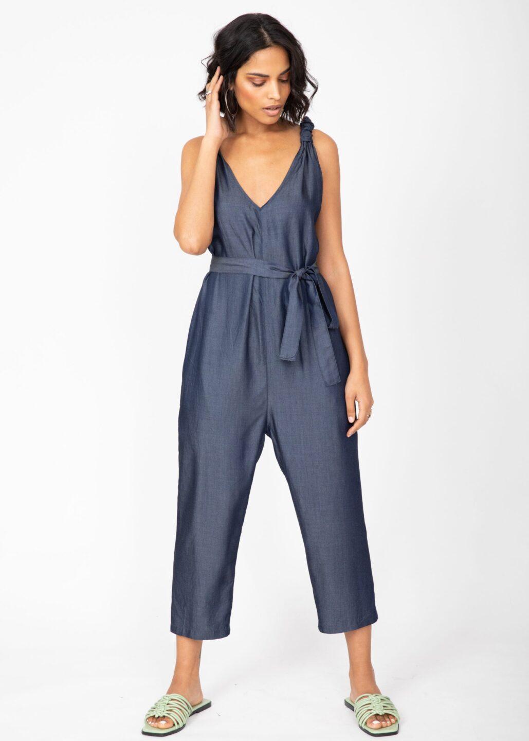 Racer Back Cropped Jumpsuit in Denim Blue - likemary