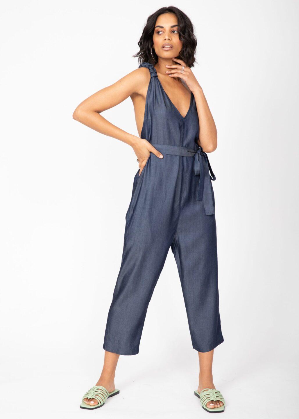 Racer Back Cropped Jumpsuit in Denim Blue - likemary