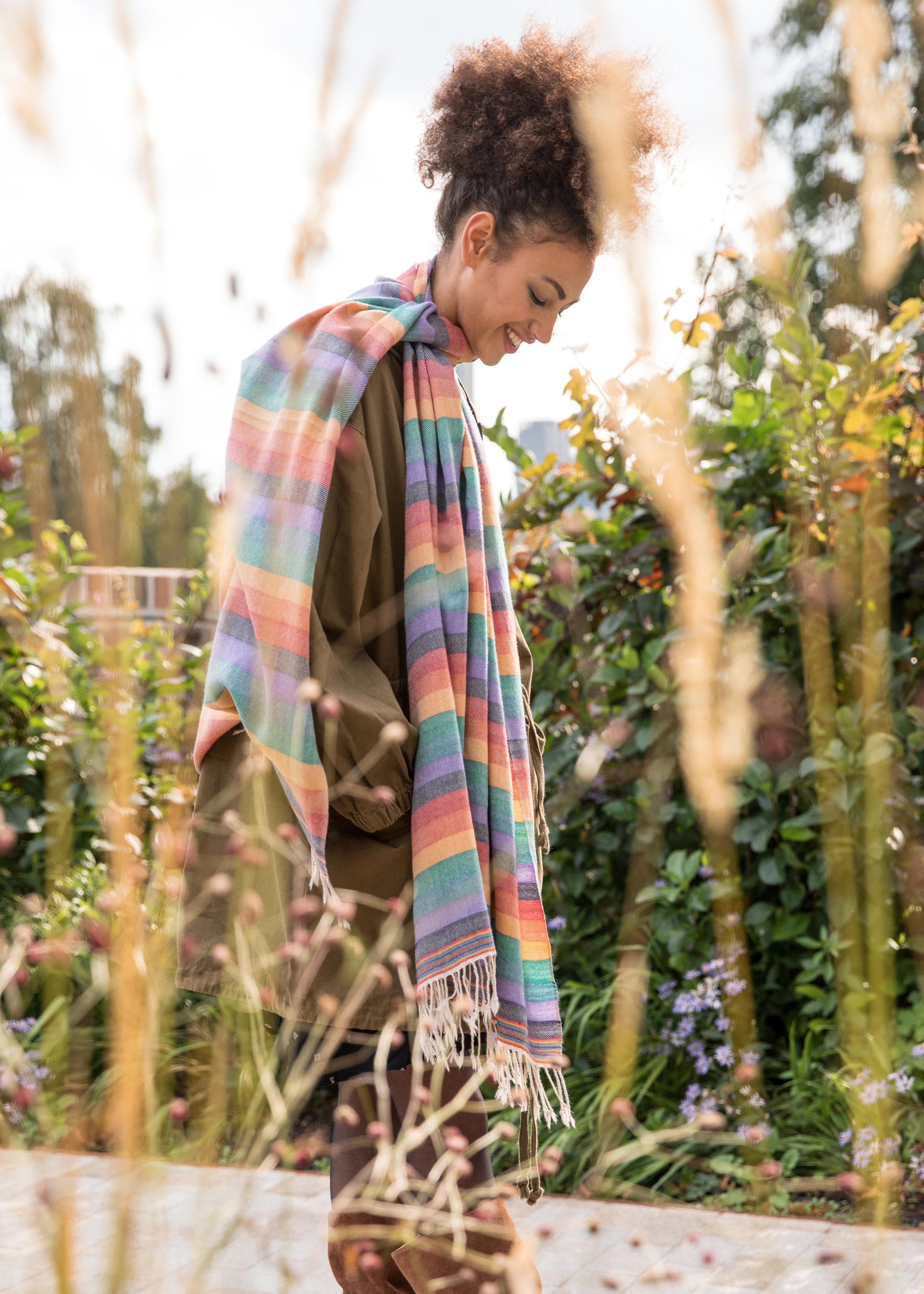 Multi-Use Handmade Scarf & Travel Wrap in Rainbow Stripes