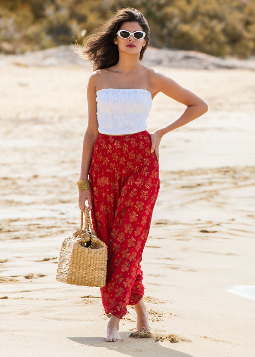 red harem pants outfit styled for summer holiday
