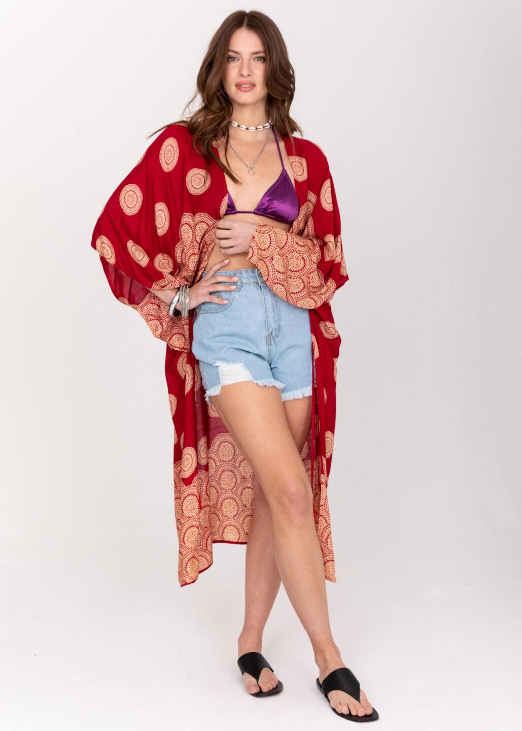 Relaxed Mandala Print Kimono in Red - likemary