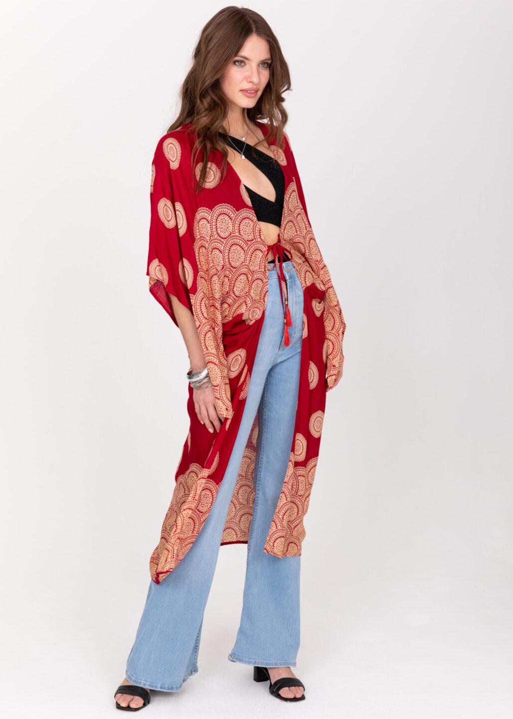 Relaxed Mandala Print Kimono in Red - likemary