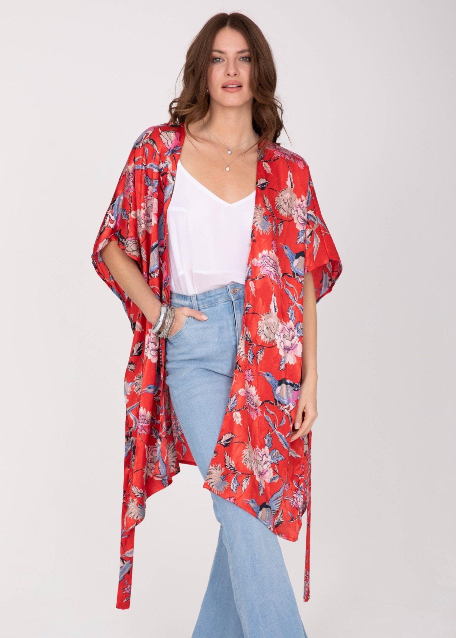 Satin Kimono Cover Up with Belt in Red Birds of Paradise Print - likemary