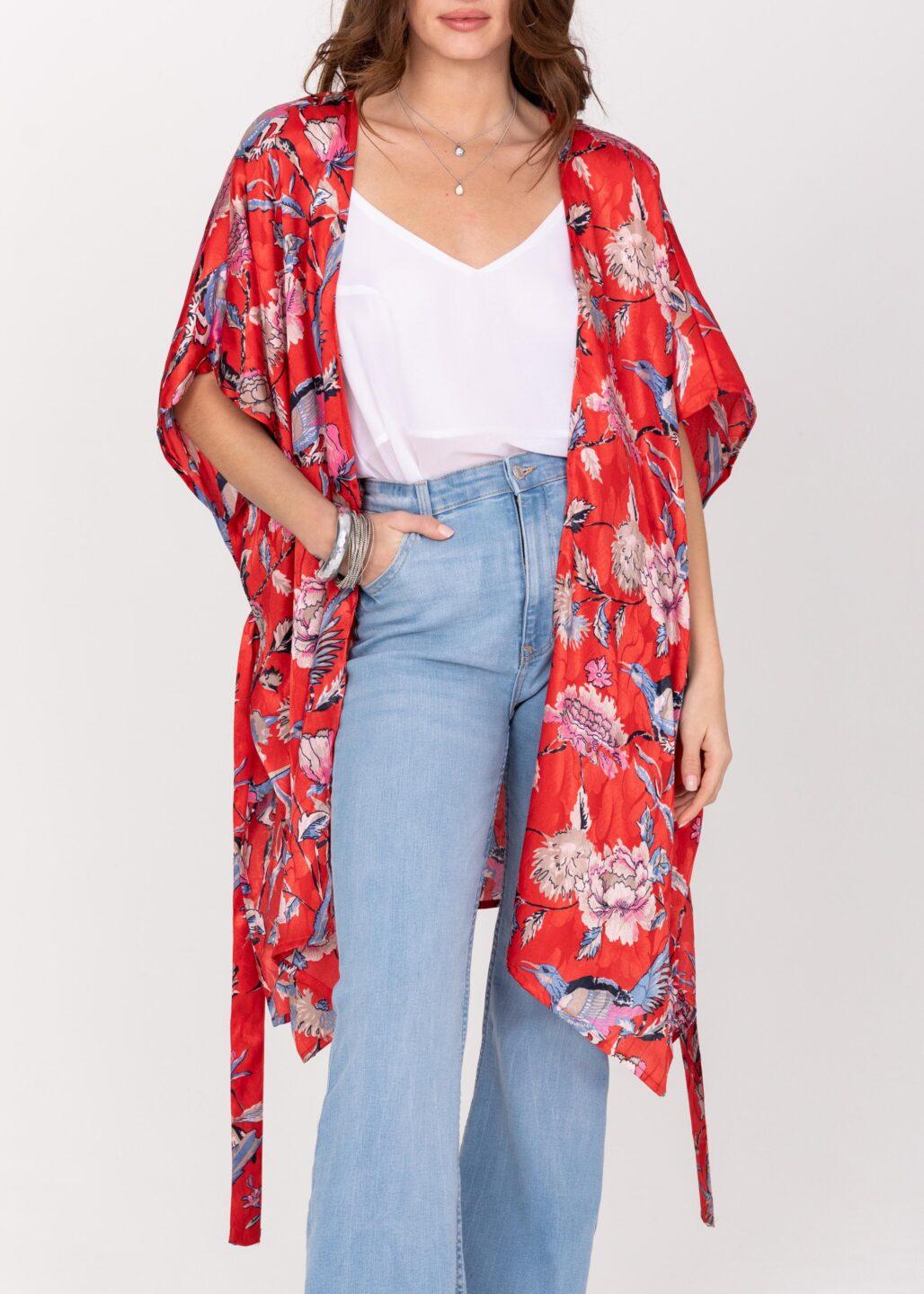 Satin Kimono Cover Up with Belt in Red Birds of Paradise Print - likemary