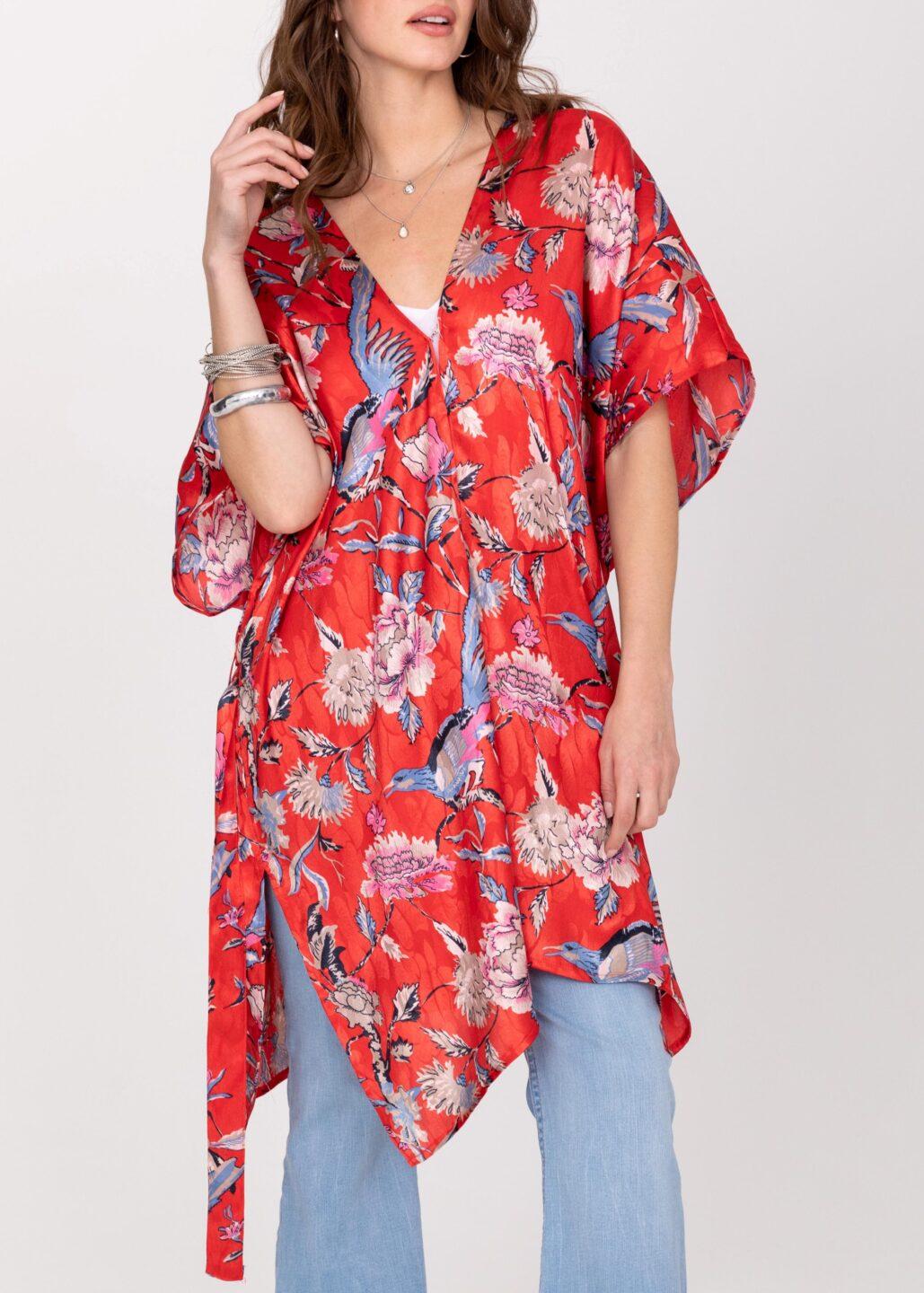 Satin Kimono Cover Up with Belt in Red Birds of Paradise Print - likemary